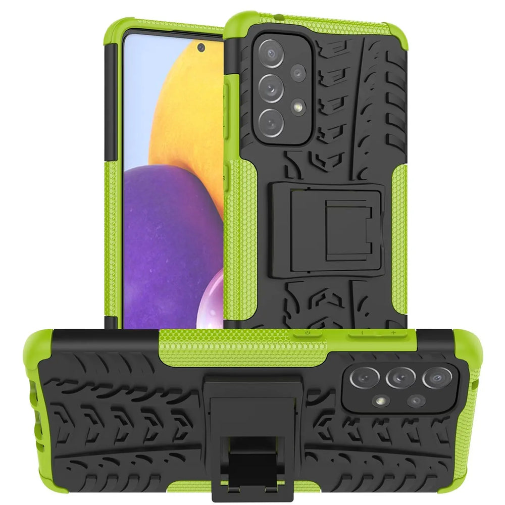 Grüne und schwarze Outdoor-Hülle aus Kunststoff mit Reifenprofil, Ständer, Samsung Galaxy A33 5G.
