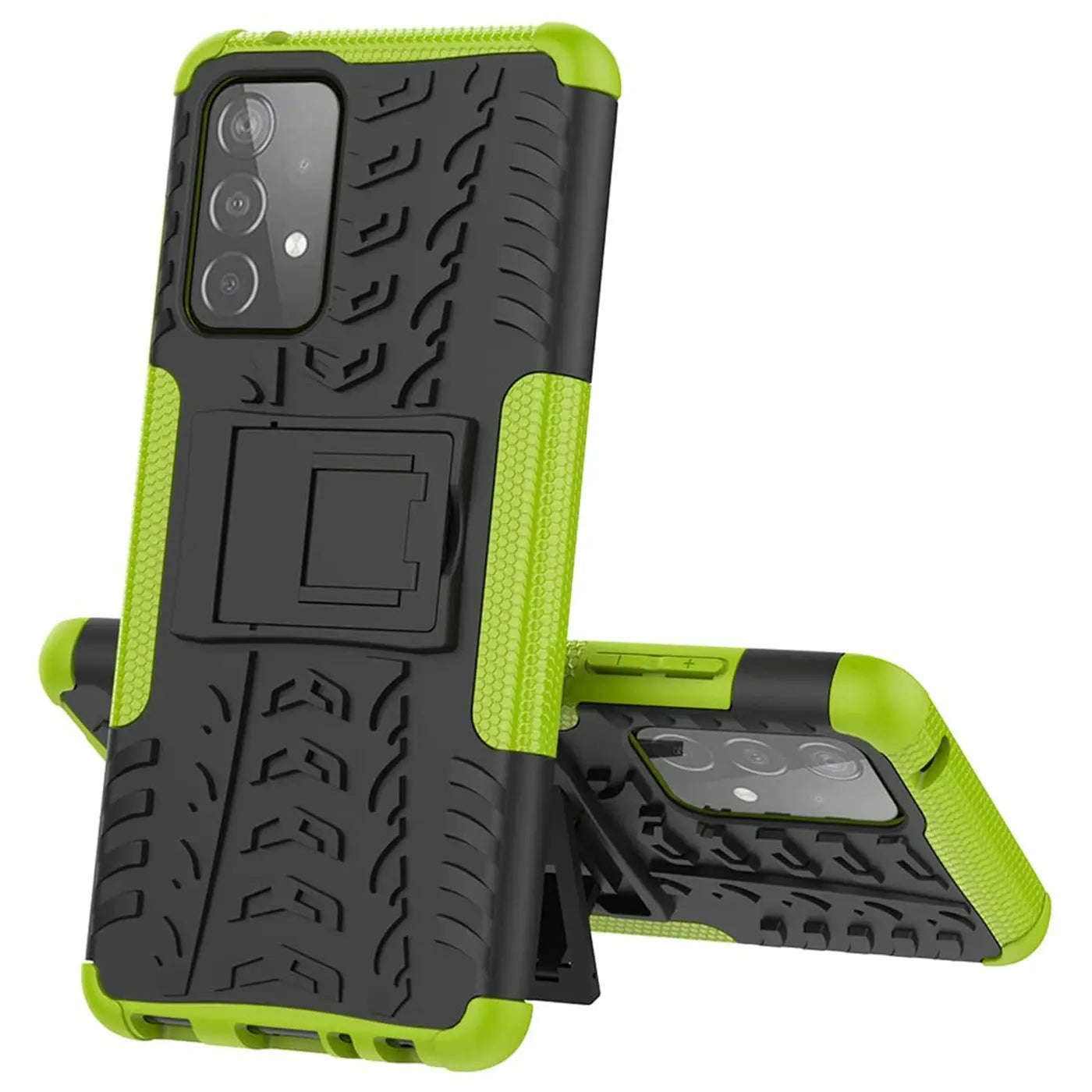 Grüne und schwarze Outdoor-Hülle mit Ständer für Samsung Galaxy A33 5G, aus Kunststoff.