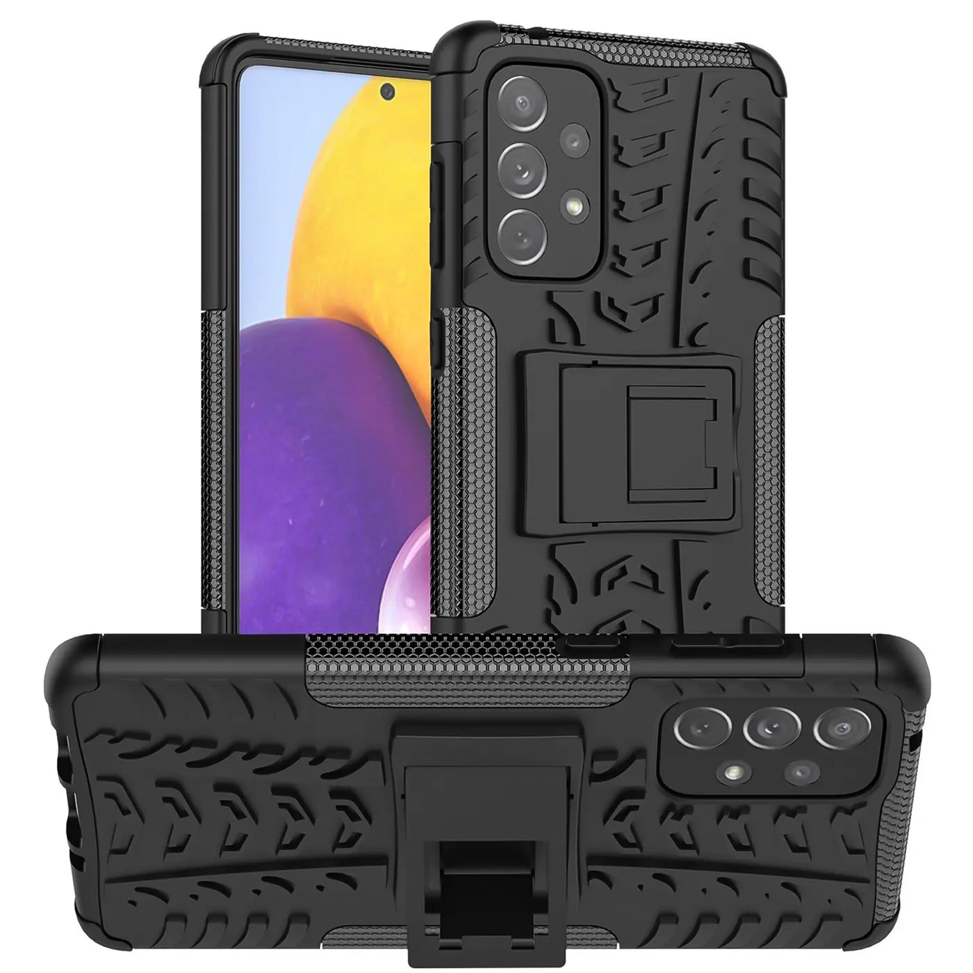 Schwarze Outdoor-Hülle aus Kunststoff mit Reifenprofil, Ständer, für Samsung Galaxy A33 5G.