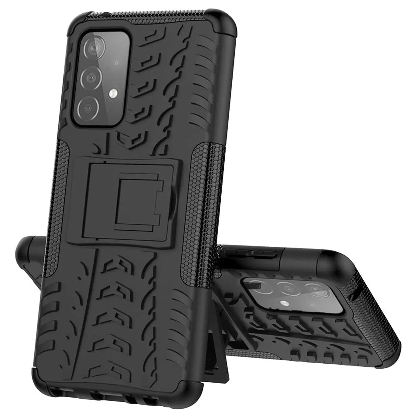 Schwarze Outdoor-Hülle aus Kunststoff mit Ständer für Samsung Galaxy A33 5G, Seitenansicht.