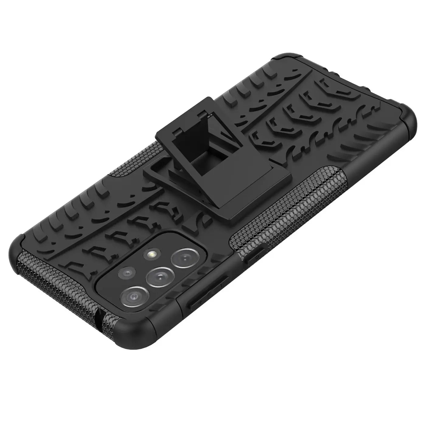Schwarze Outdoor-Hülle aus Gummi mit Ständer, Rückseite eines Samsung Galaxy A33 5G.