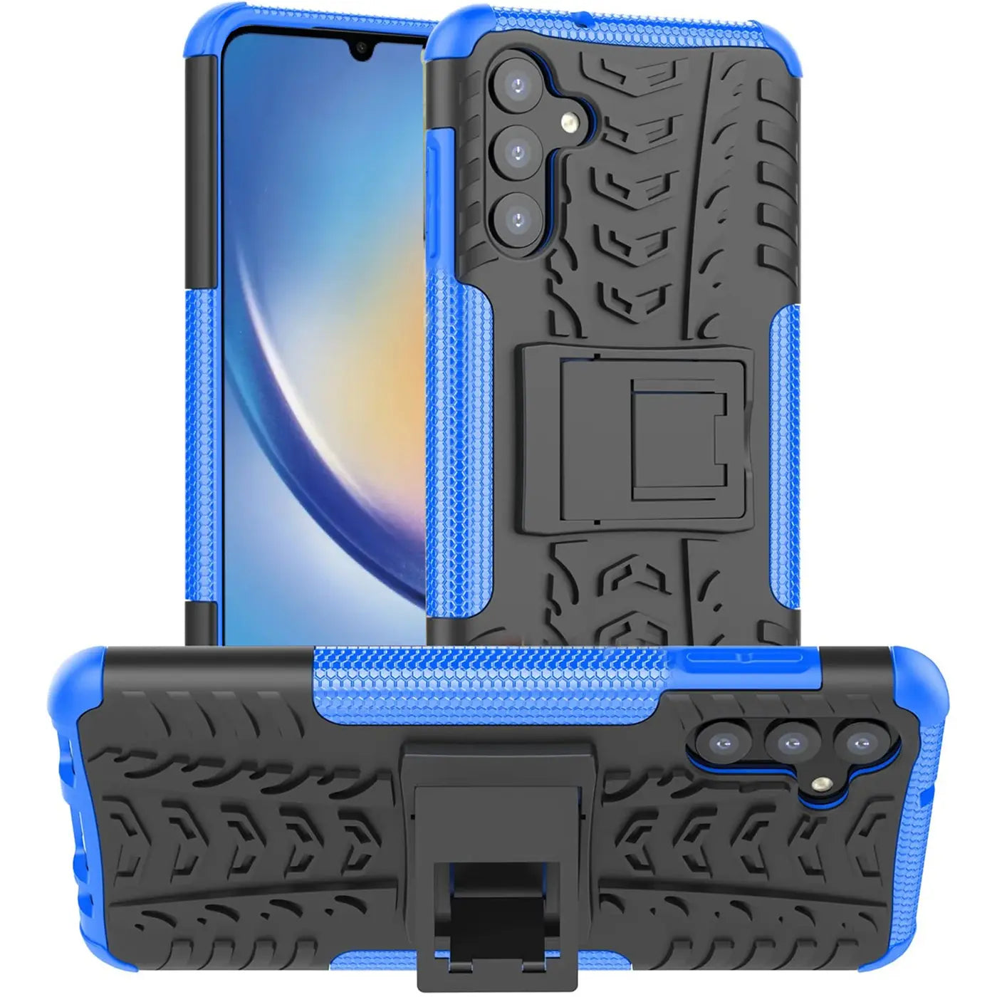 Blaue und schwarze Outdoor-Hülle für Samsung Galaxy A34 5G, 2-teilig, stoßfest, mit Ständer.