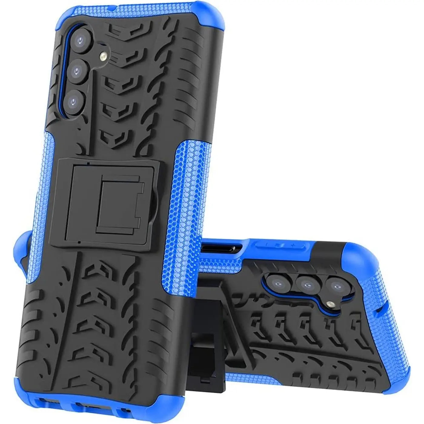 Schwarze und blaue Outdoor-Hülle aus Gummi/Kunststoff mit Ständer für Samsung Galaxy A34 5G, von vorne/seitlich