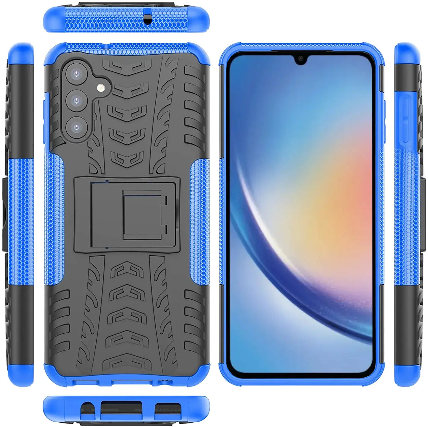 Blaues, stoßfestes 2-teiliges Handy-Case mit Ständer, zeigt Samsung Galaxy A34 5G.