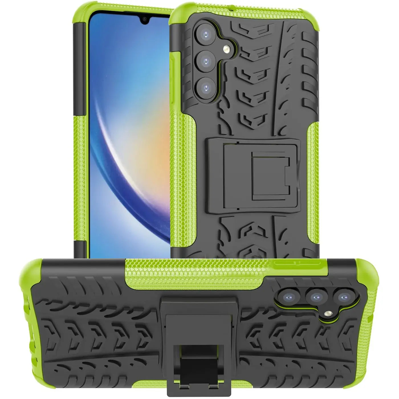 Grüne und schwarze Outdoor-Hülle mit Ständer für Samsung Galaxy A34 5G, von vorne und unten