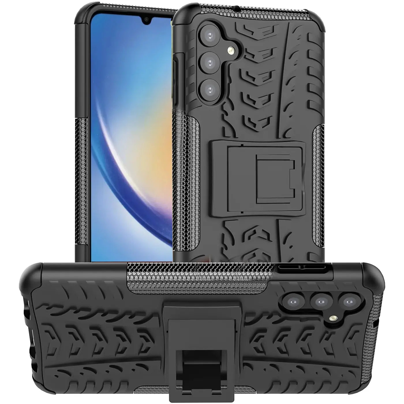 Schwarze Outdoor-Hülle aus Gummi mit Reifenprofil, Ständer, für Samsung Galaxy A34 5G.