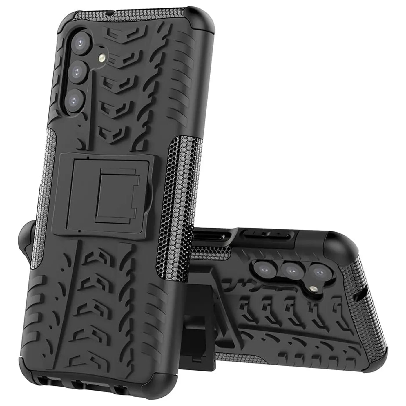 Schwarze Outdoor-Hülle für Samsung Galaxy A34 5G, Gummi, Seitenansicht mit Ständer