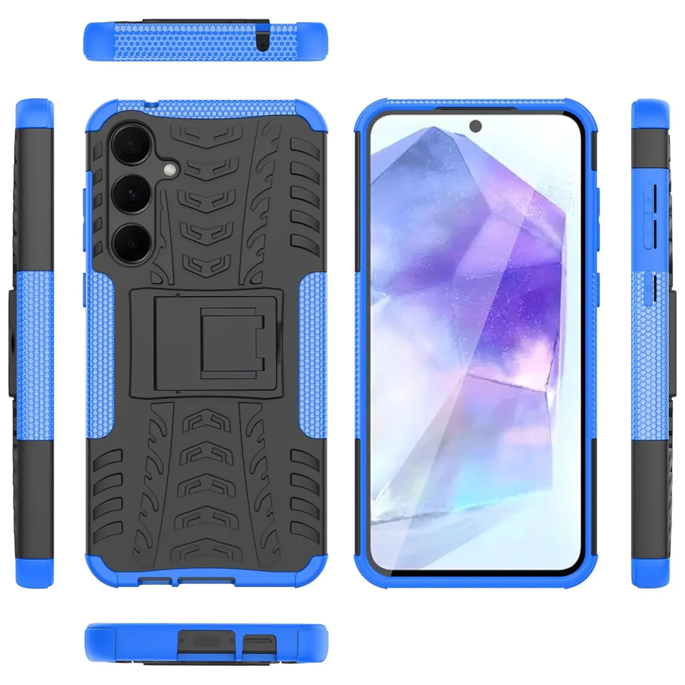 Blaue und schwarze Outdoor-Hülle mit Ständer für Samsung Galaxy A35 5G, von vorne, hinten & Seiten