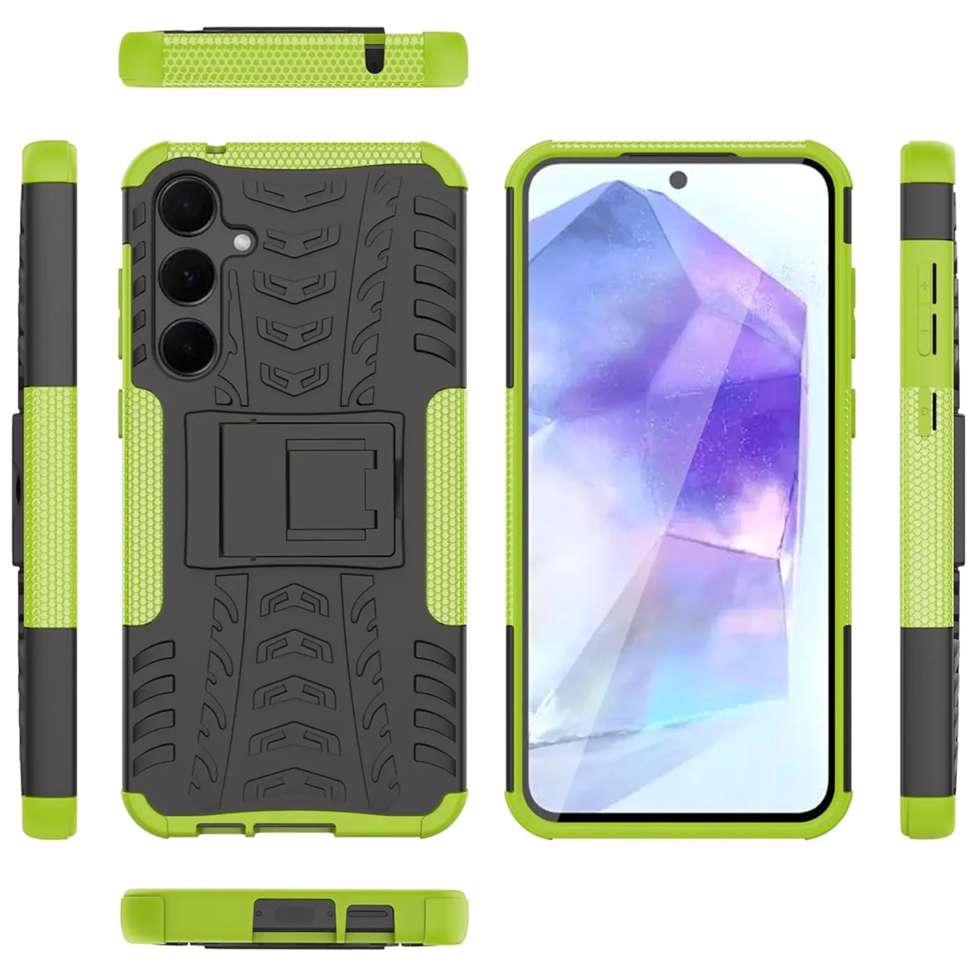 Grüne und schwarze Outdoor-Hülle mit Ständer für Samsung Galaxy A35 5G, verschiedene Ansichten.