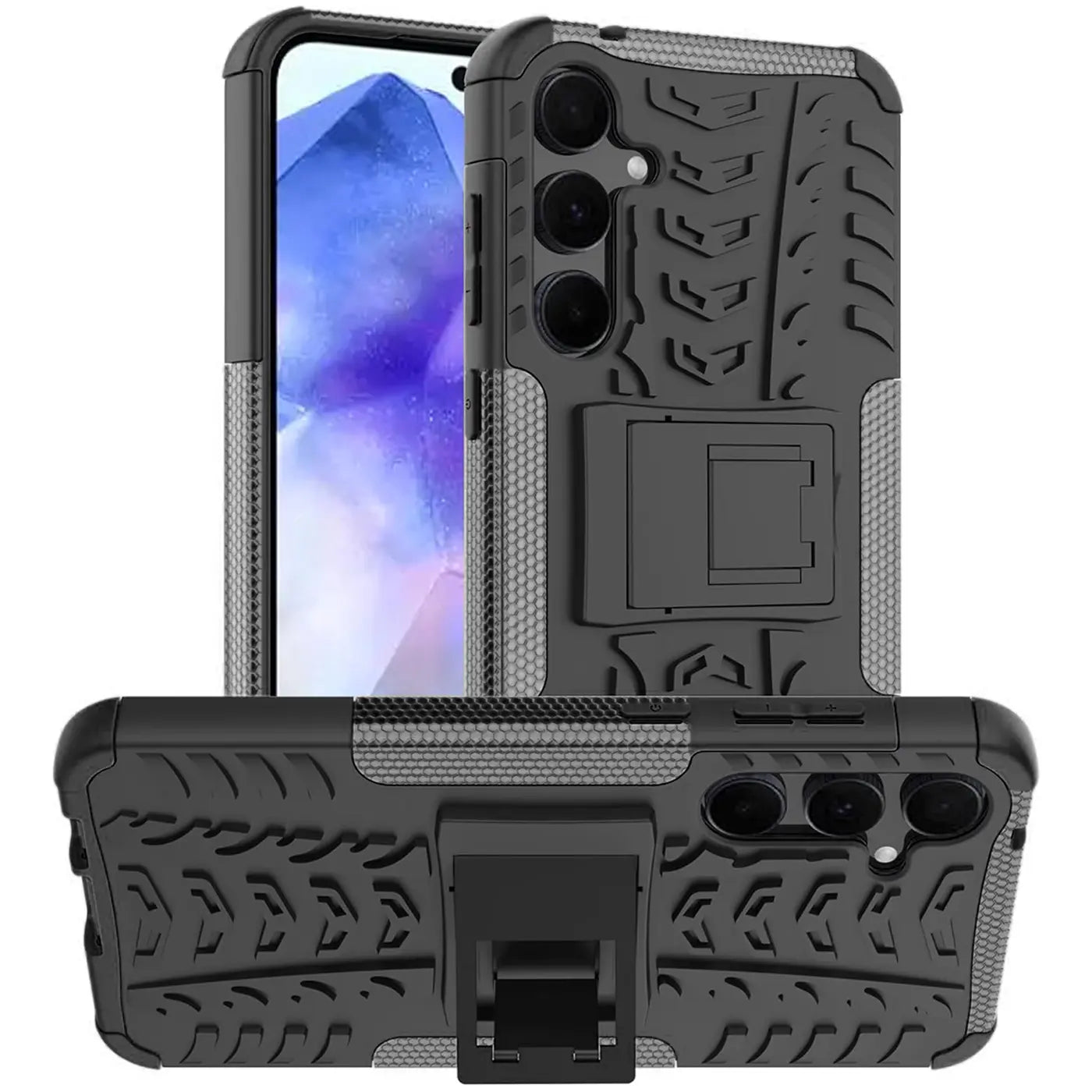 Schwarze Outdoor-Hülle aus Gummi/Kunststoff mit Ständer für Samsung Galaxy A35 5G.