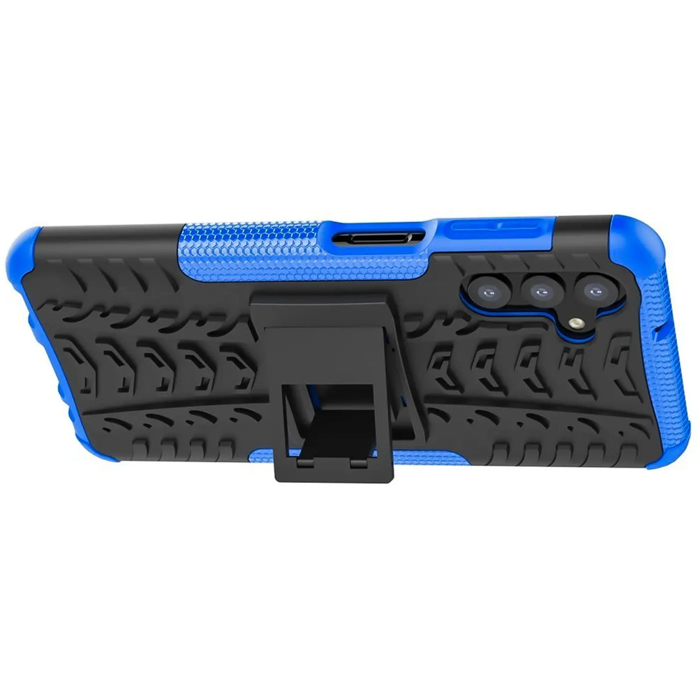 Blaue und schwarze Outdoor-Hülle mit Ständer für Samsung Galaxy A36 5G, von der Seite