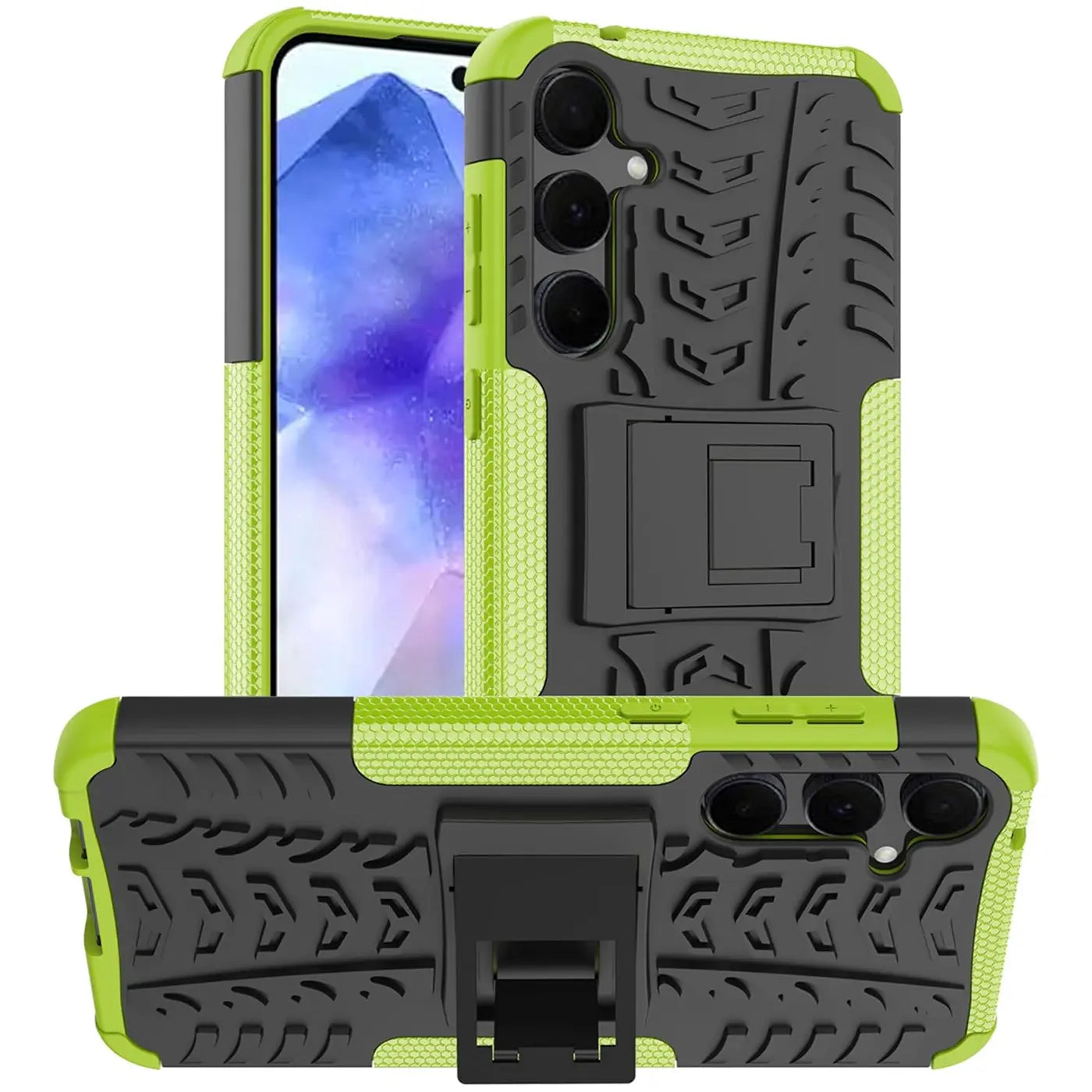Grüne und schwarze Outdoor-Hülle mit Ständer für Samsung A36 5G, von vorne und hinten gezeigt.