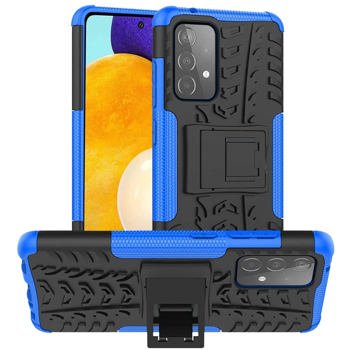 Blau-schwarze Outdoor-Hülle aus Kunststoff mit Ständer für Samsung A52, Vorder- und Rückansicht.