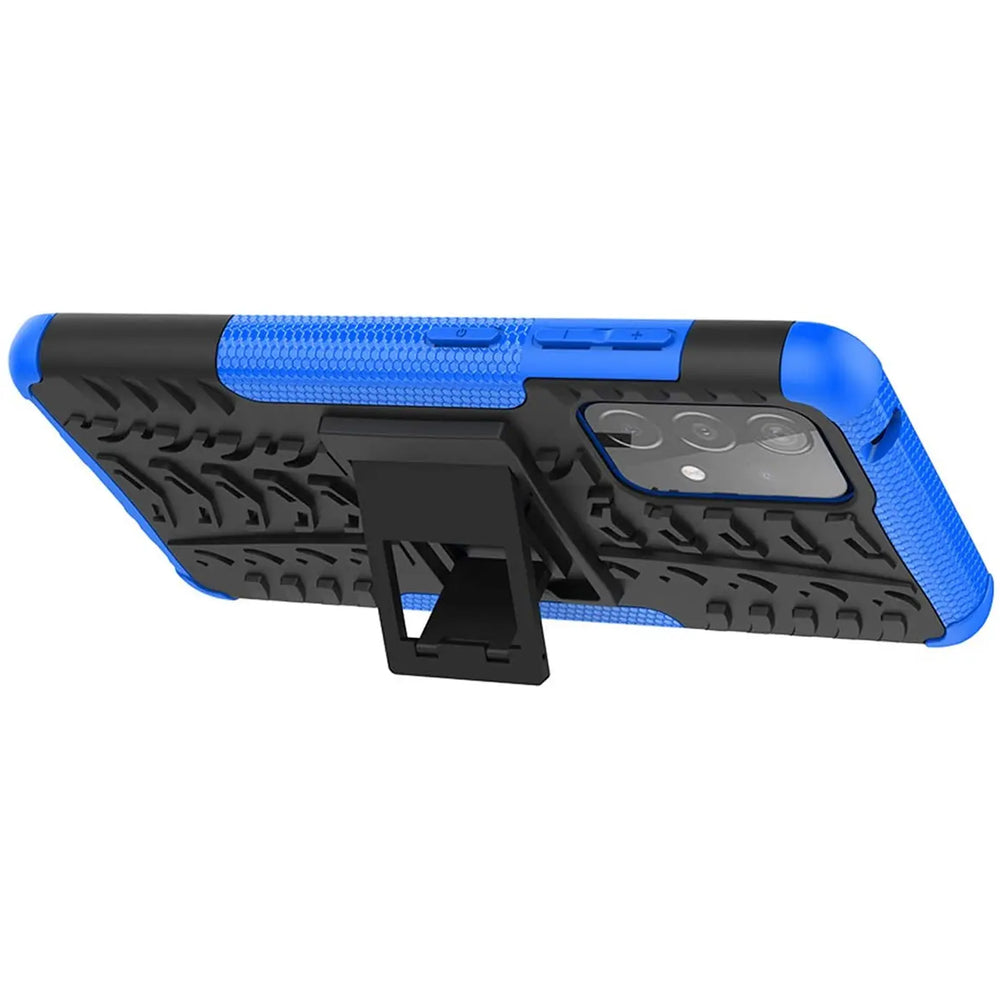 Blaue und schwarze Outdoor-Hülle mit Ständer für Samsung Galaxy A52, von der Seite gesehen.