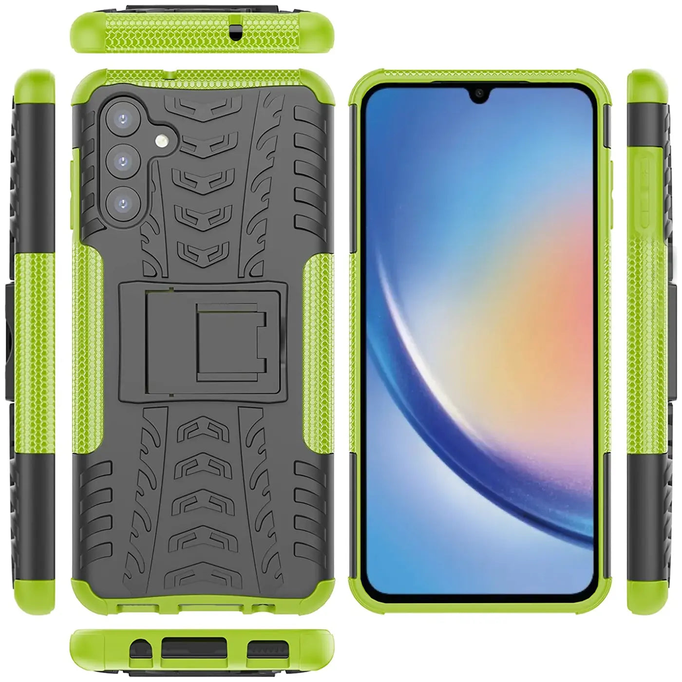 Grüne und graue stoßfeste Hülle mit Ständer für Samsung Galaxy A54 5G, verschiedene Ansichten.