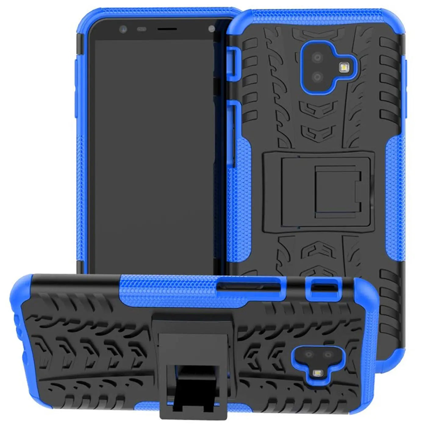 Blaues, stoßfestes 2-teiliges Outdoor-Case mit Ständer für Samsung Galaxy J6 Plus.