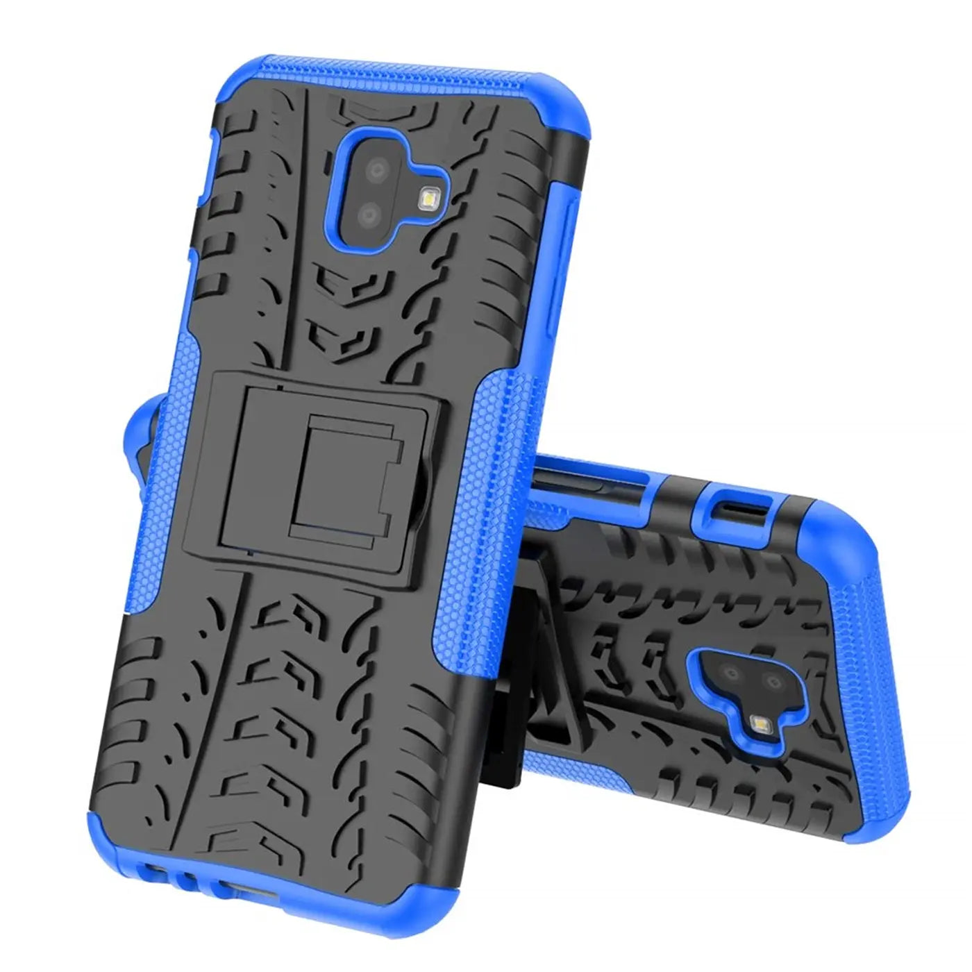 Zwei blaue und schwarze Outdoor-Hüllen aus Kunststoff mit Ständer für Samsung Galaxy J6 Plus, aus der Nähe.