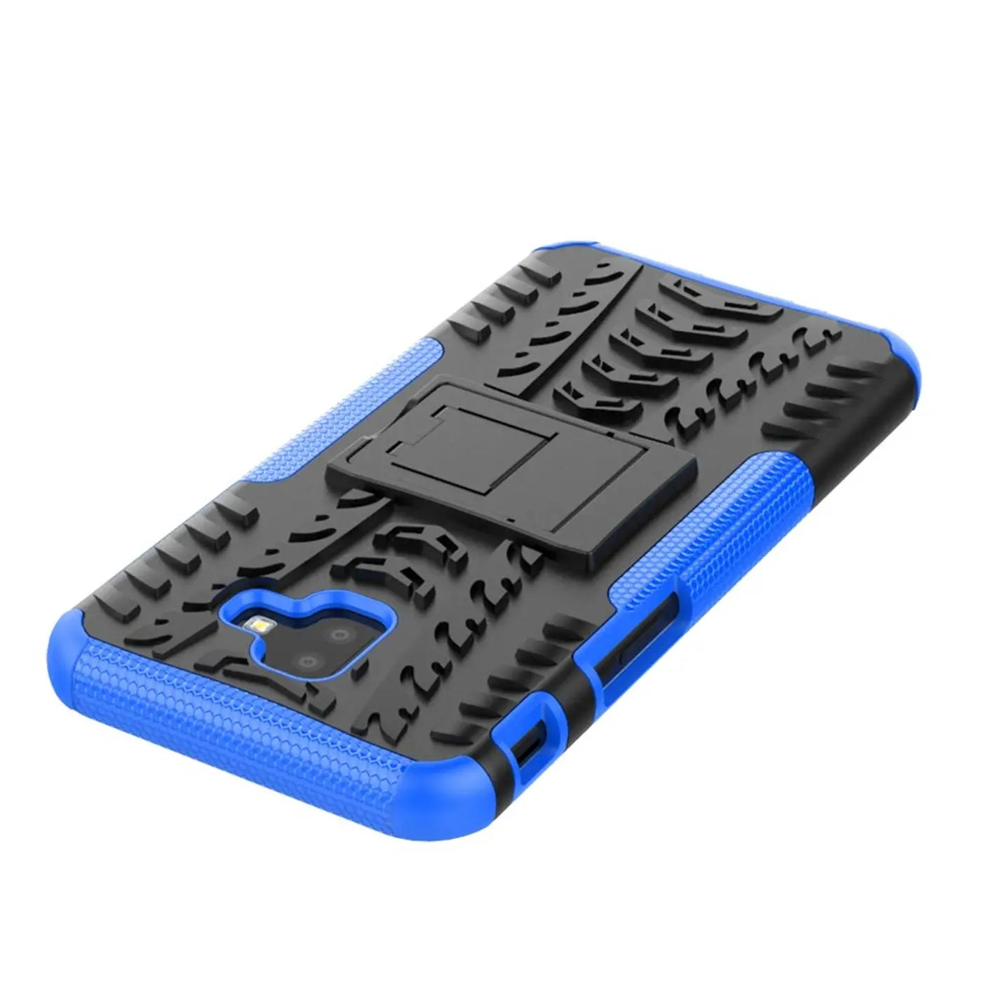 Schwarze und blaue Hülle aus Gummi/Kunststoff mit Ständer für Samsung Galaxy J6 Plus, von oben links gesehen.