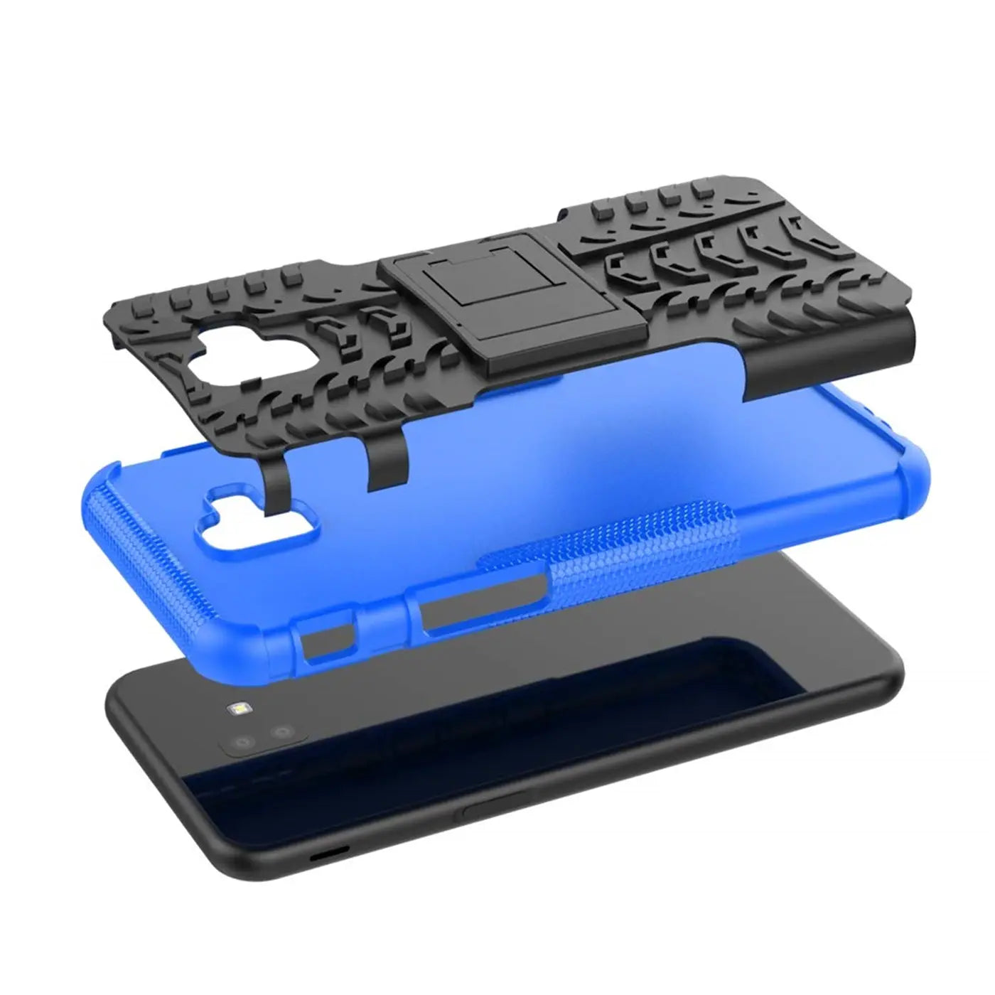 Blaue und schwarze 2-teilige Handyhülle aus Kunststoff, von oben, für Samsung Galaxy J6 Plus.