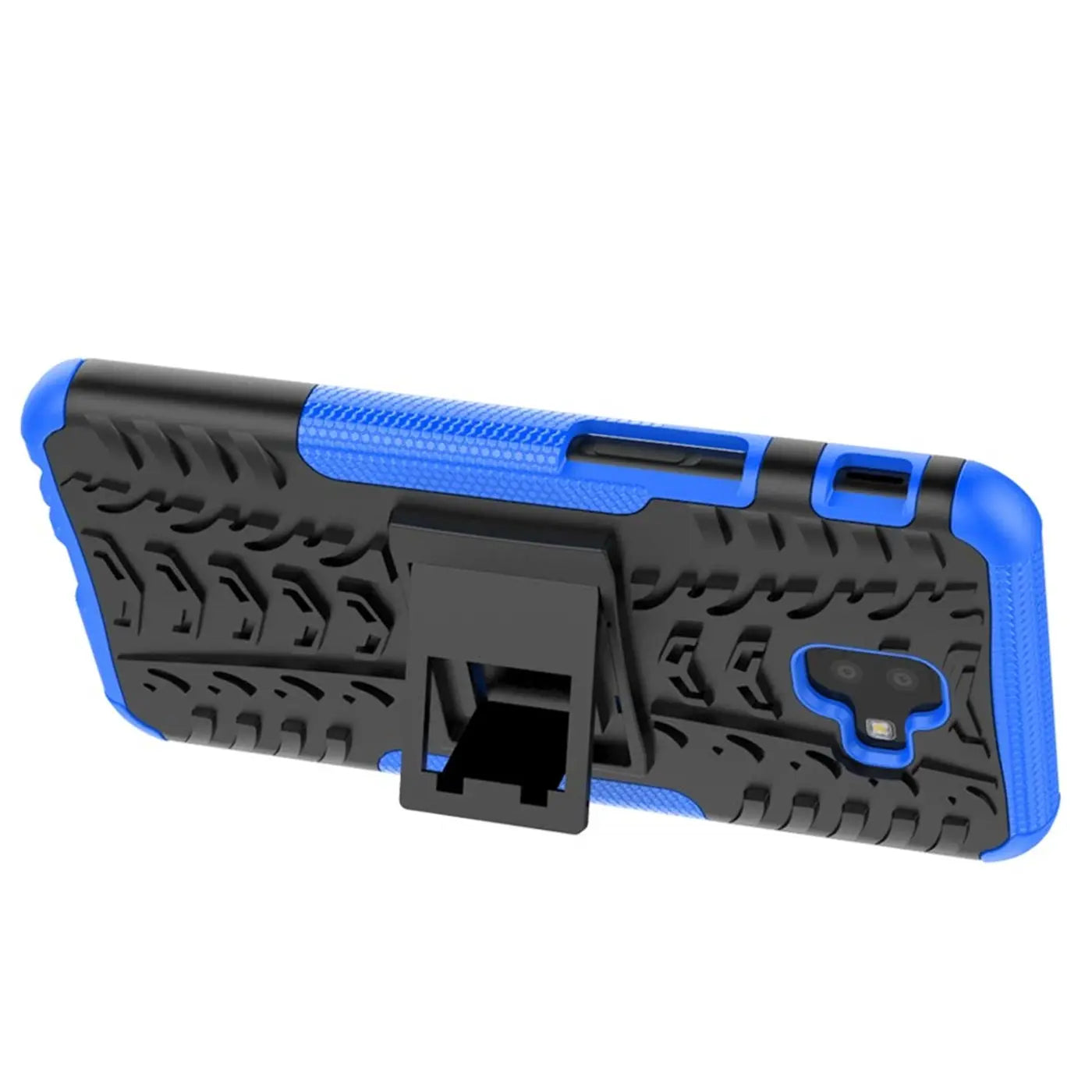 Blaue und schwarze Outdoor-Hülle mit Ständer für Samsung Galaxy J6 Plus, von hinten gesehen.