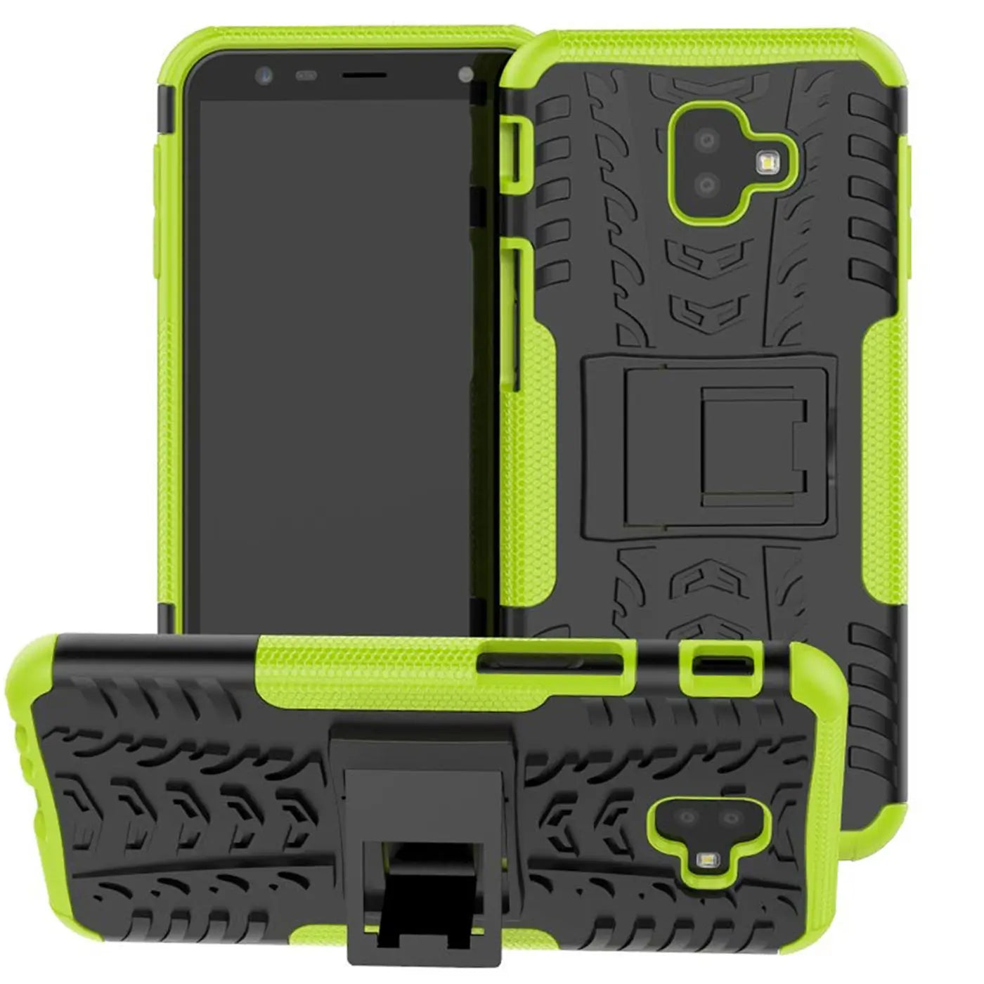 Grüne und schwarze Outdoor-Hülle aus Kunststoff für Samsung Galaxy J6 Plus, von vorne und unten gezeigt.