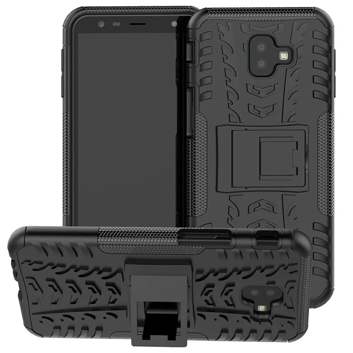 Schwarze Outdoor Hülle aus Kunststoff für Samsung Galaxy J6 Plus, 2-teilig, mit Ständer.