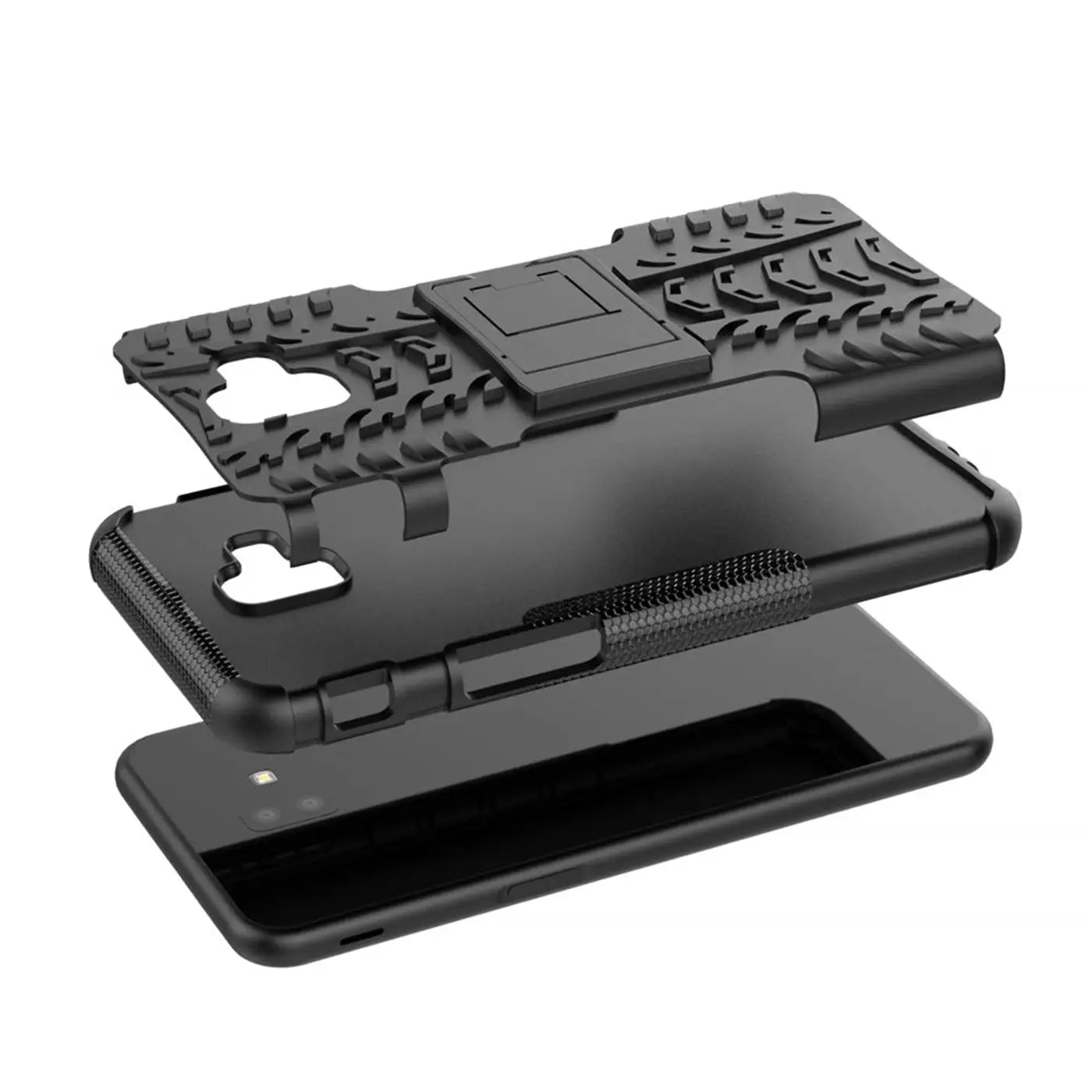 Schwarze Outdoor Hülle 2-teilig, Gummi/Kunststoff, von oben, Samsung Galaxy J6 Plus