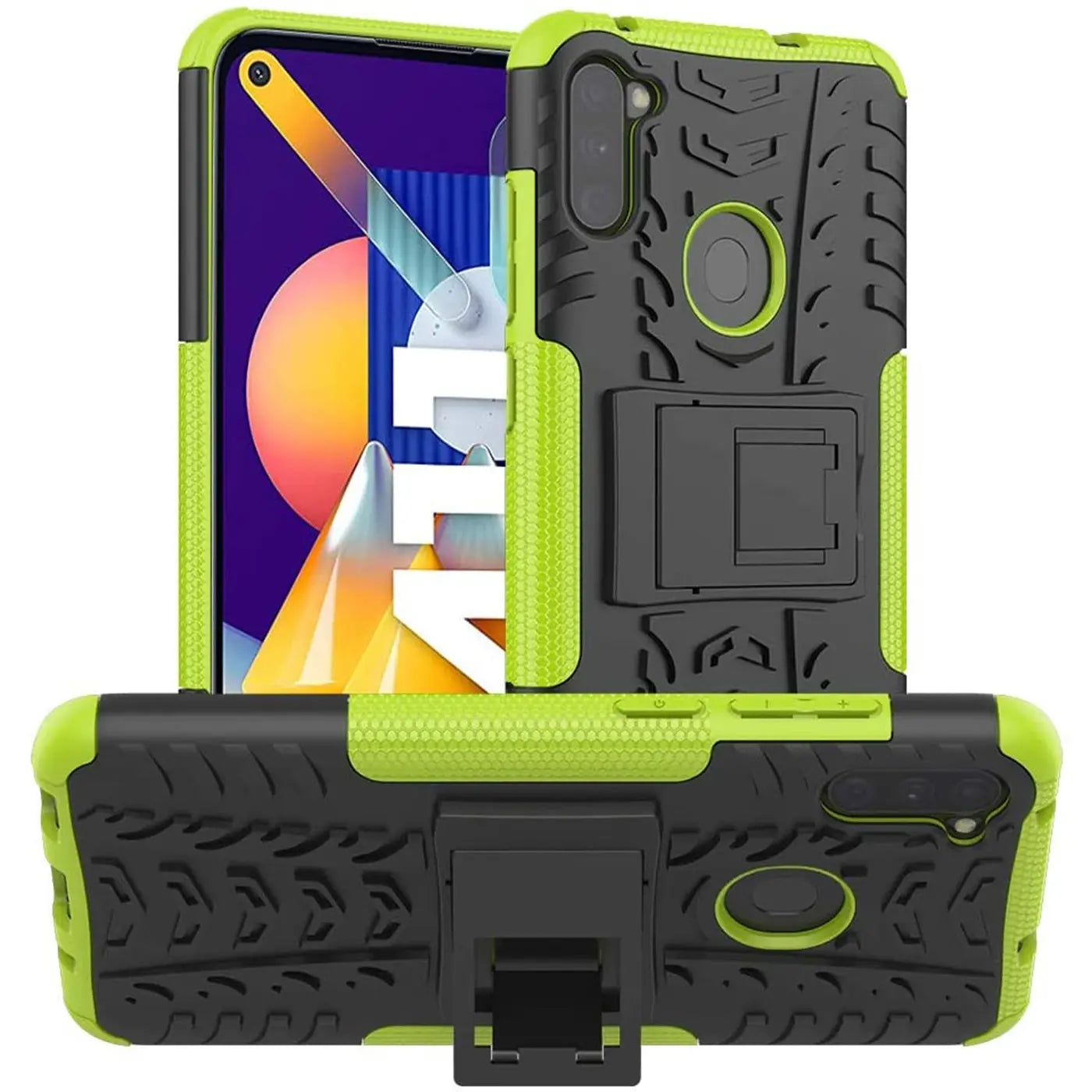 Grüne und schwarze Outdoor-Hülle aus Kunststoff mit Ständer für Samsung Galaxy M11.