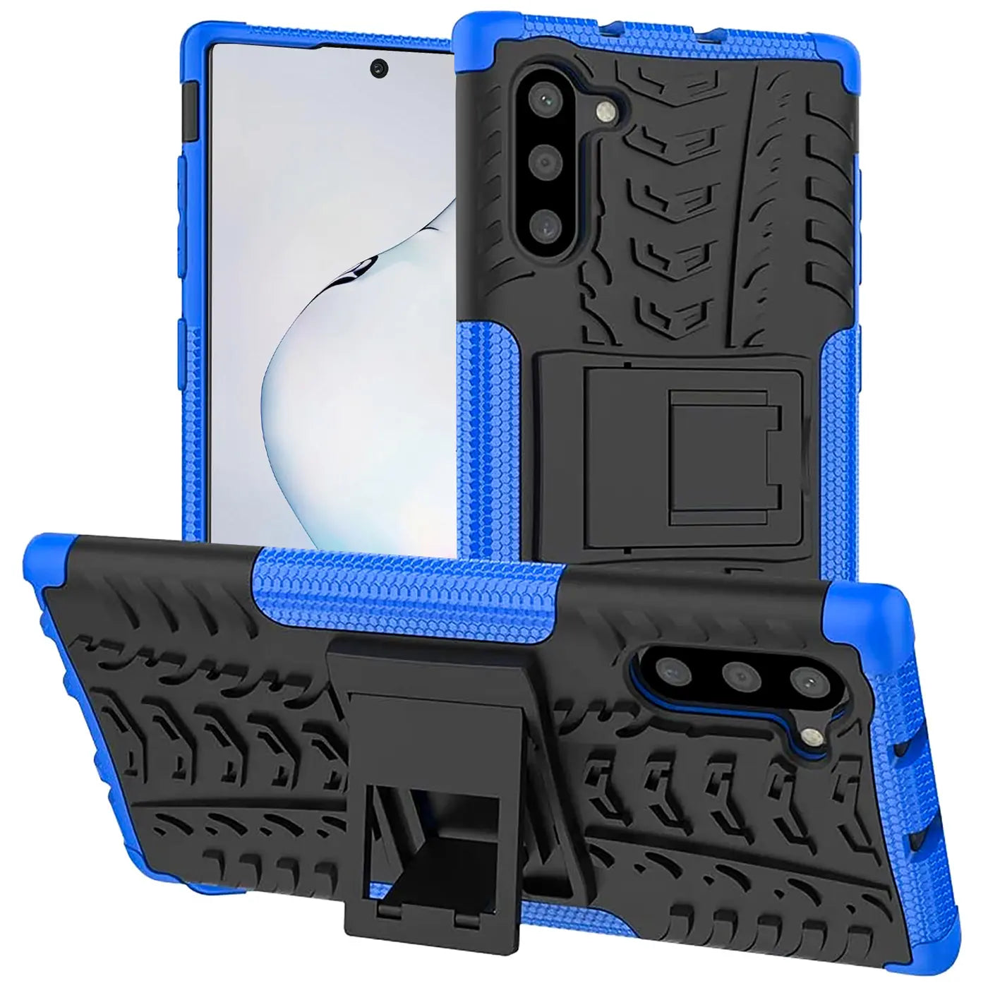 Blau-schwarze Hülle aus Kunststoff mit Reifenprofil für Samsung Galaxy Note 10, mit Ständer.