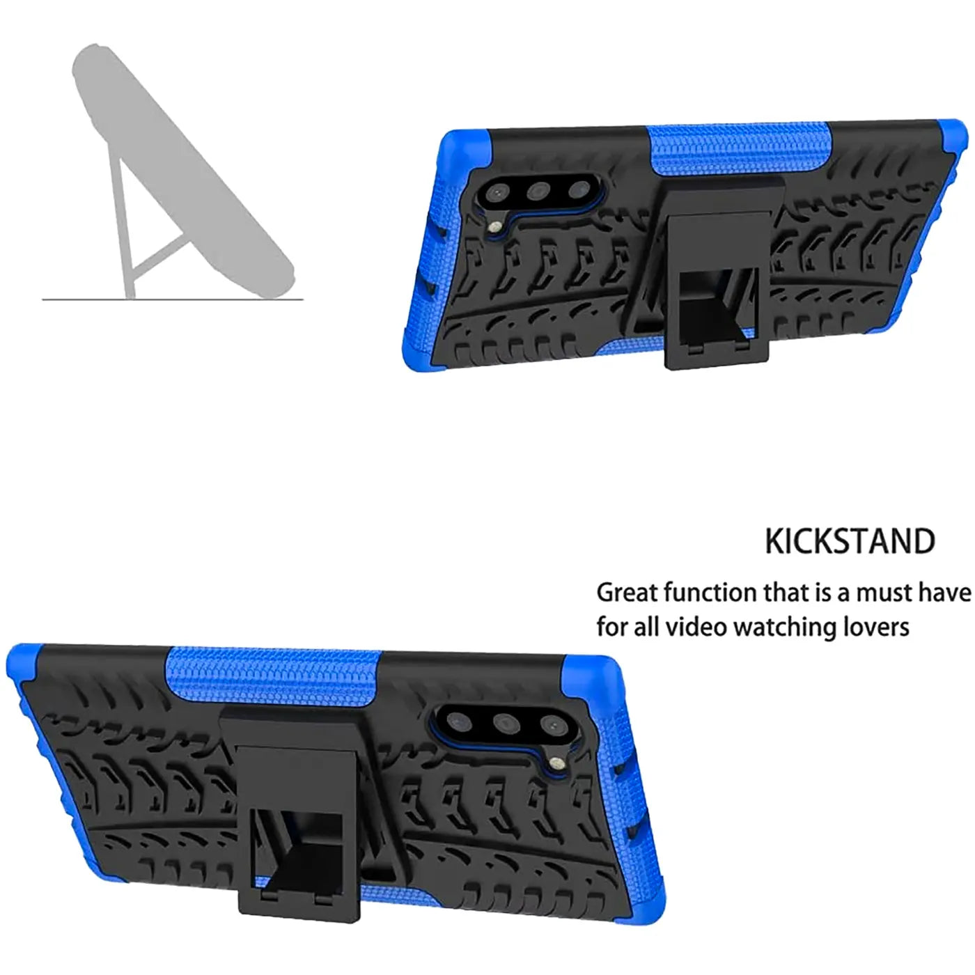 Blaue und schwarze Handyhülle mit Kickstand für Samsung Galaxy Note 10, von schräg hinten