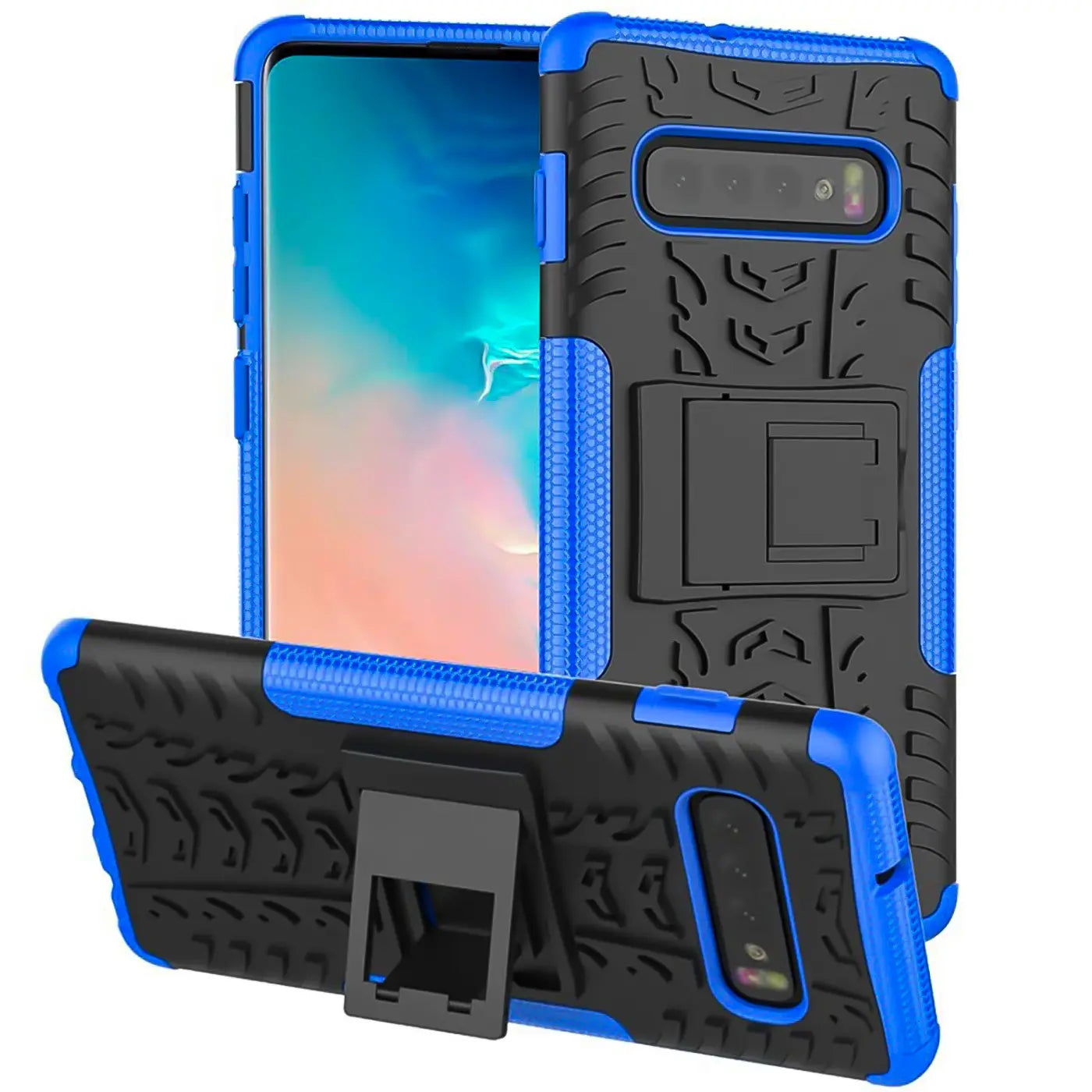 Blaue und schwarze Hülle aus Kunststoff für Samsung Galaxy S10, 2-teilig, mit Ständer.
