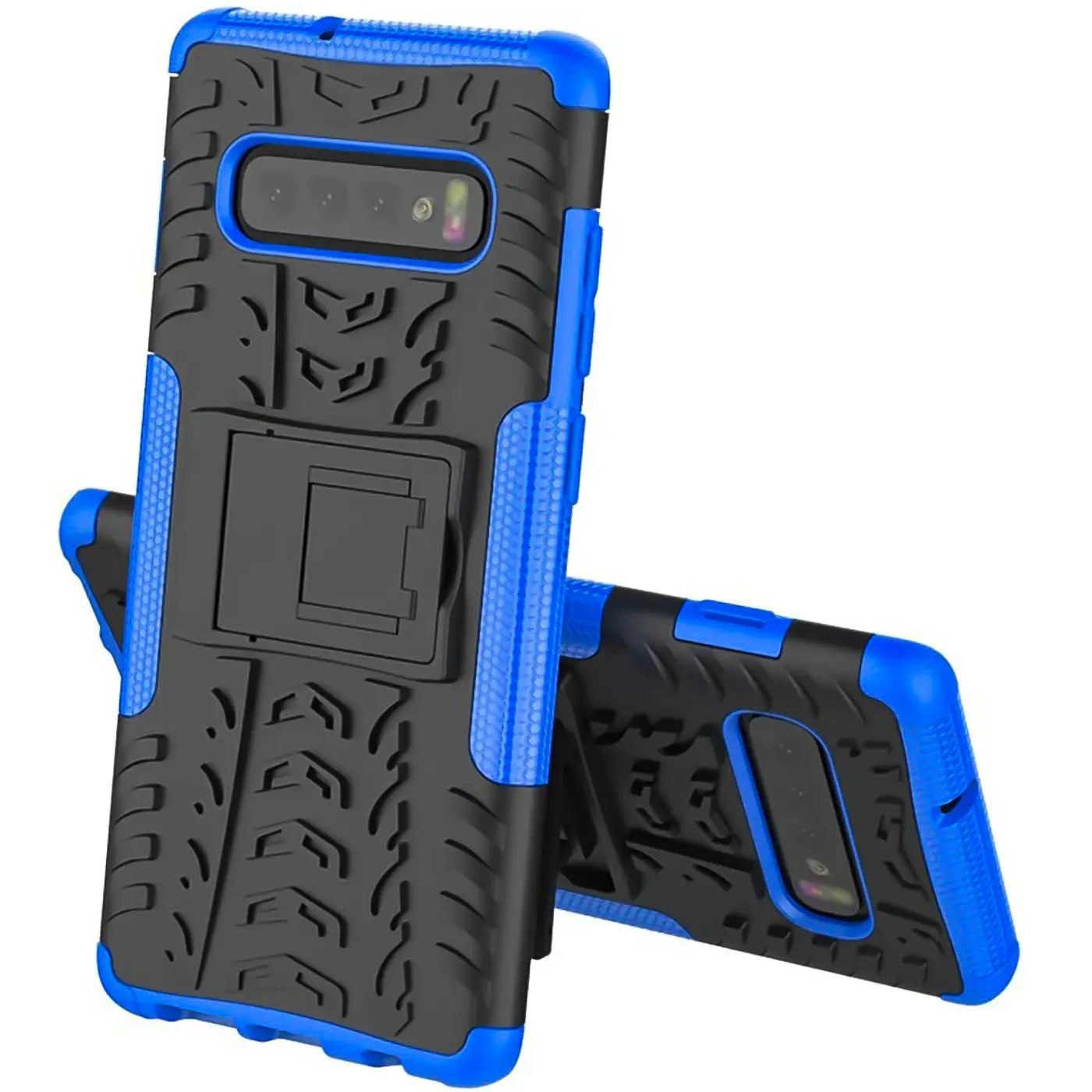 Blau-schwarze Handyhülle aus Kunststoff mit Ständer für Samsung Galaxy S10, von vorne.
