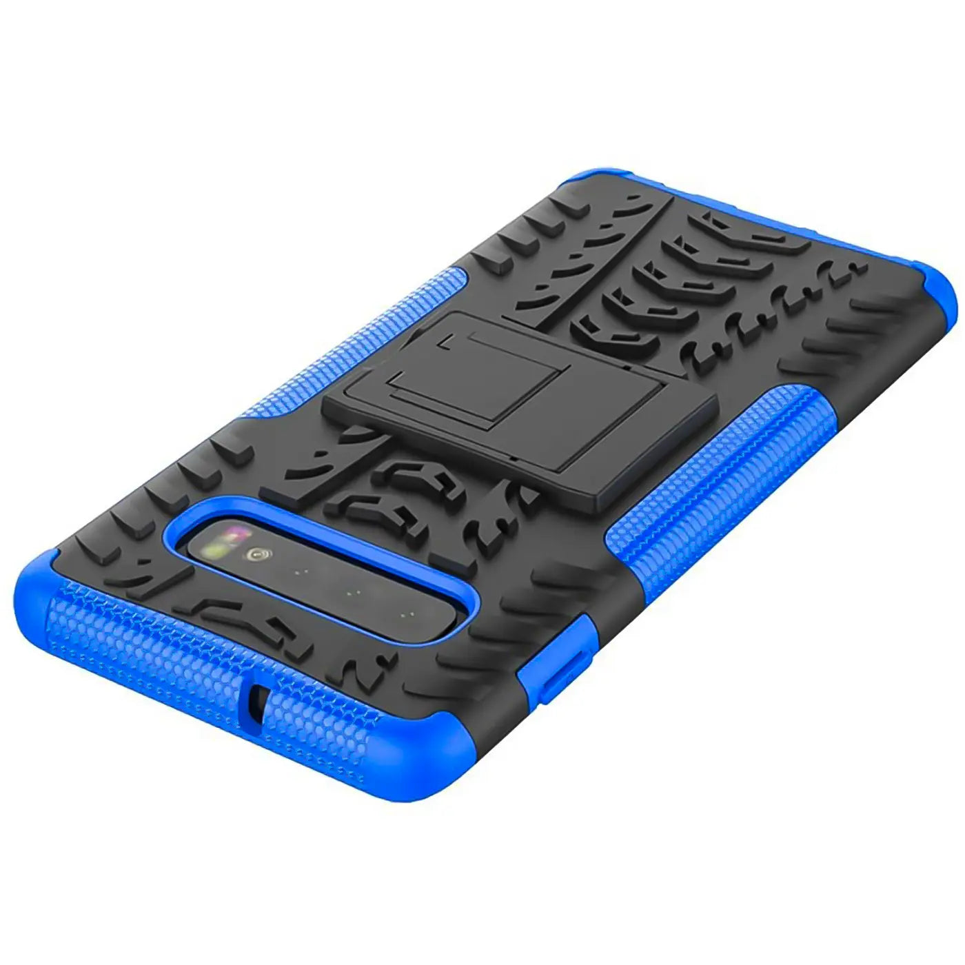 Blau/schwarze Hülle aus Gummi/Kunststoff mit Ständer für Samsung Galaxy S10, Rückansicht.