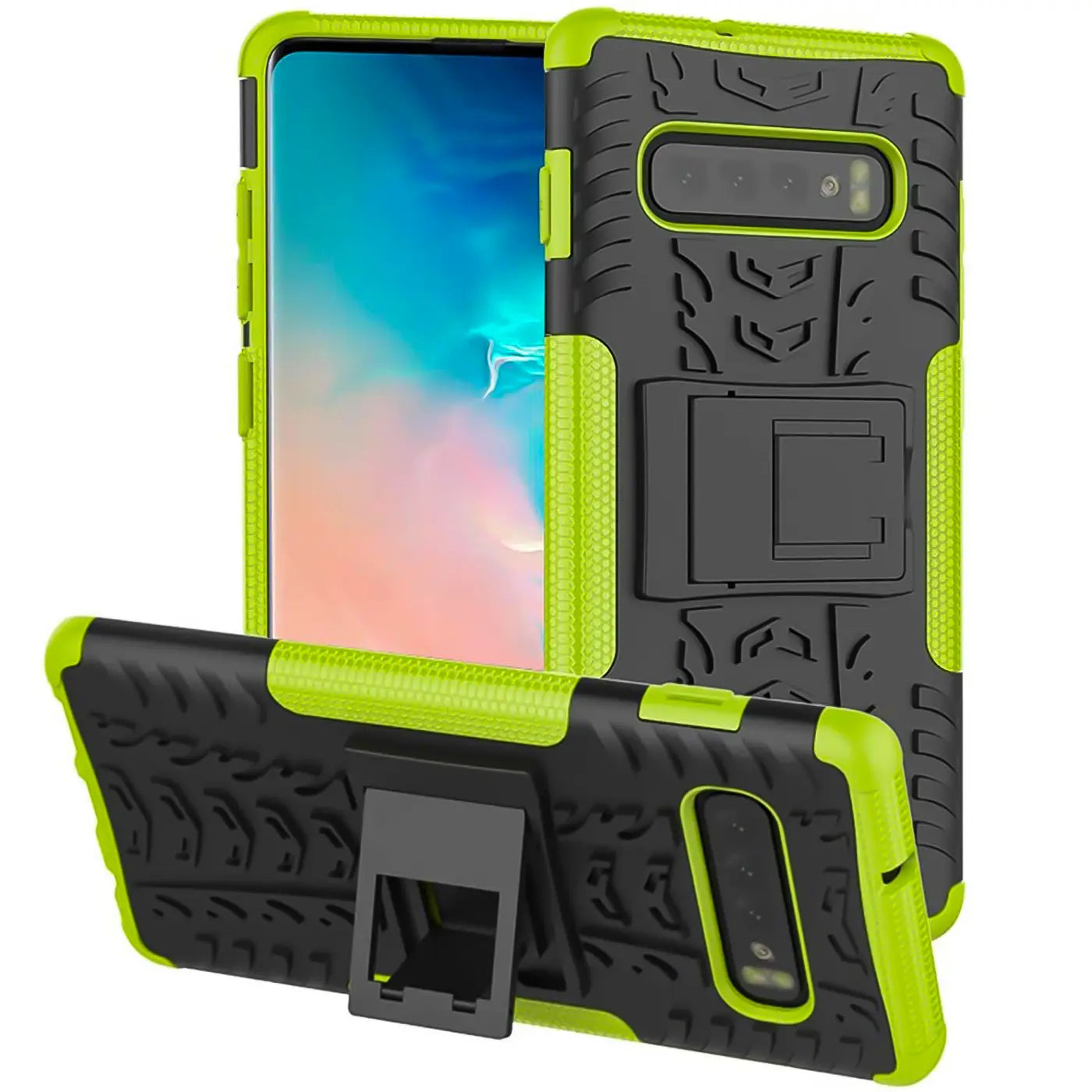 Grüne und schwarze Outdoor-Hülle aus Kunststoff mit Ständer für Samsung Galaxy S10, von vorne und Seite