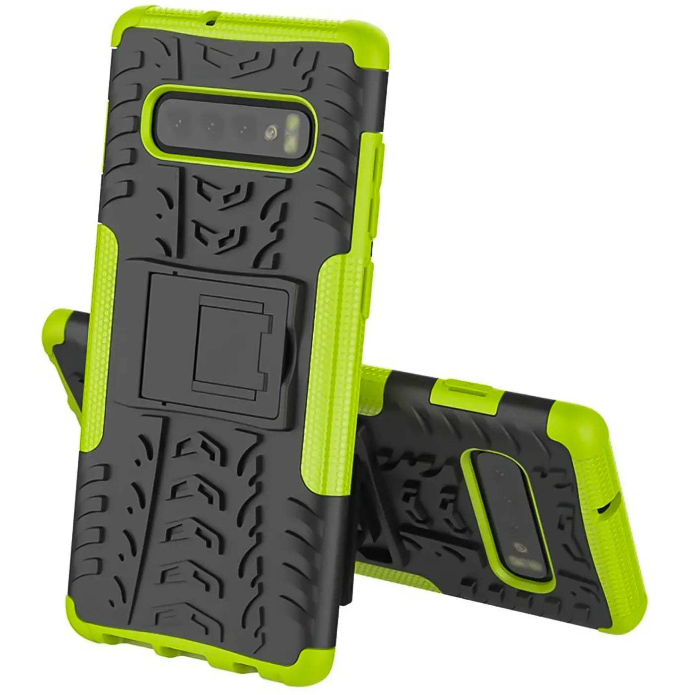 Grüne und schwarze Handyhülle aus Kunststoff mit Ständer, Rückansicht, Samsung S10.