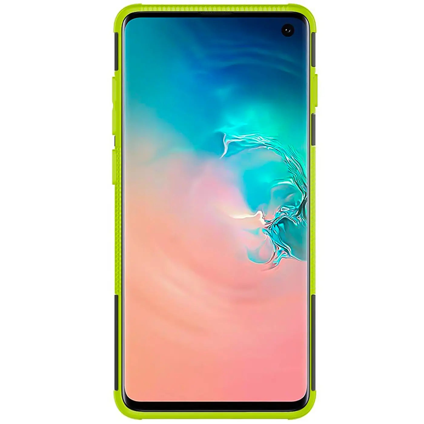 Samsung Galaxy S10 mit neongrüner Hülle, von vorne, stoßfest