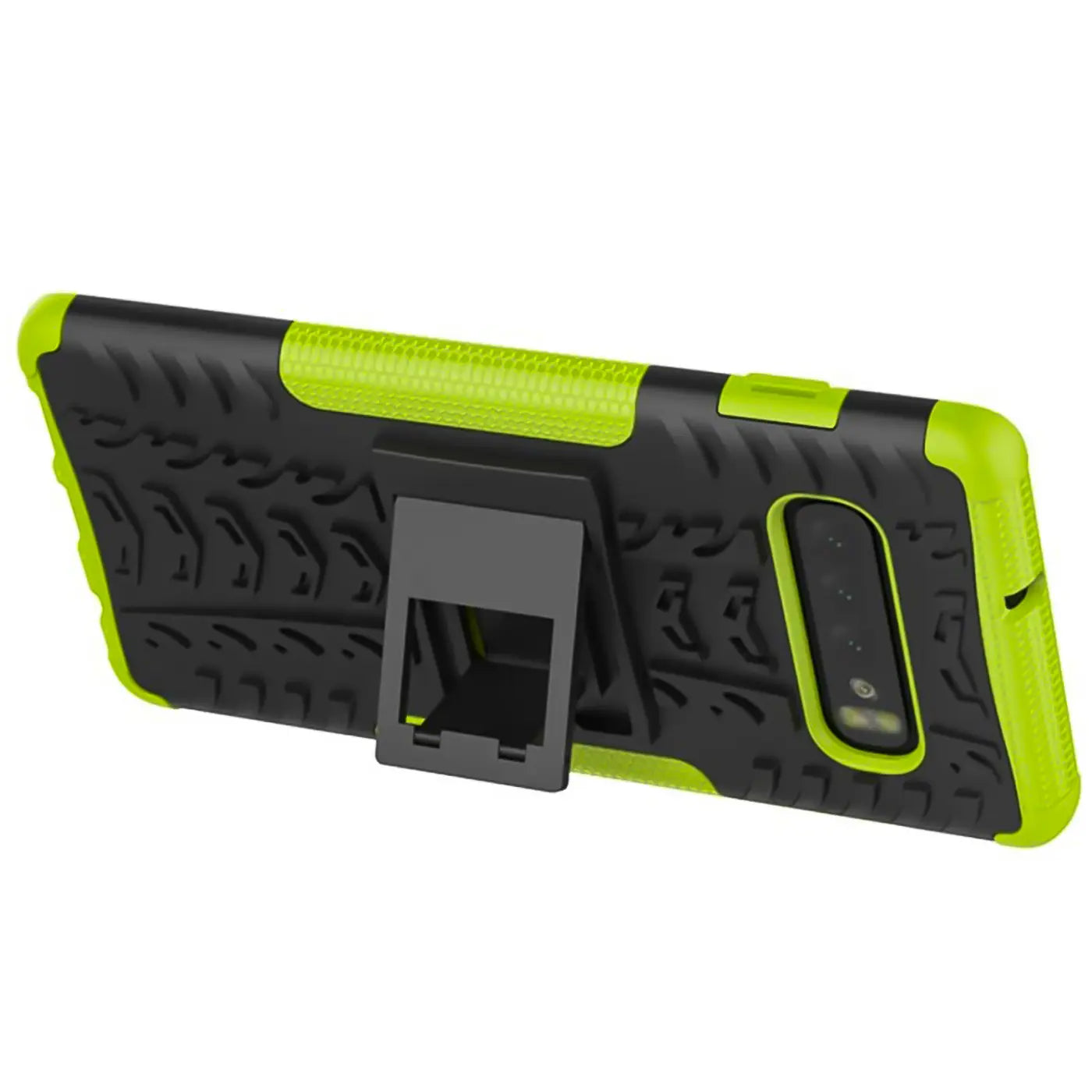 Schwarze Hülle mit neongrünen Akzenten für Samsung S10, Rückansicht, mit integriertem Ständer.