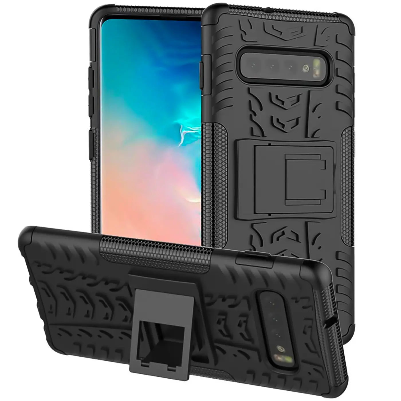 Schwarze Outdoor-Hülle aus Kunststoff für Samsung Galaxy S10 mit Ständer, Seitenansicht.