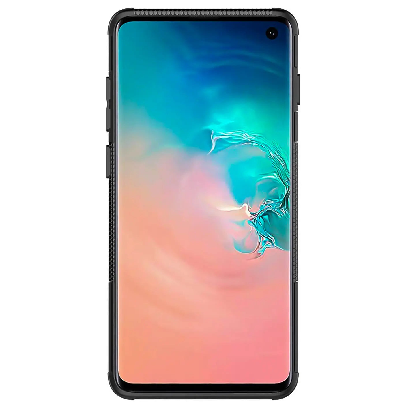Schwarzes Samsung Galaxy S10 mit Hülle, Vorderansicht, Kunststoff