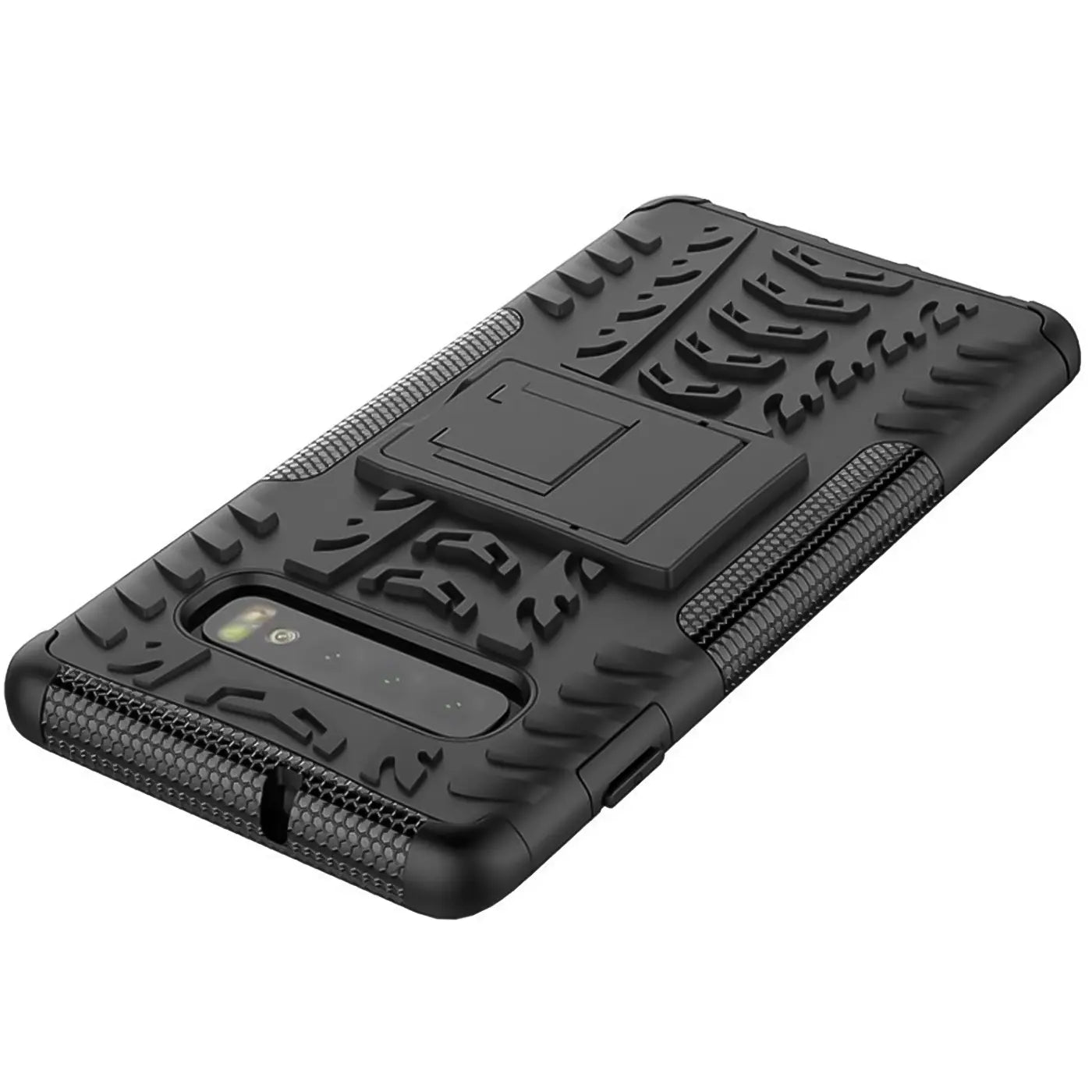 Schwarze Outdoor-Hülle aus Gummi für Samsung Galaxy S10 mit Ständer, von schräg oben