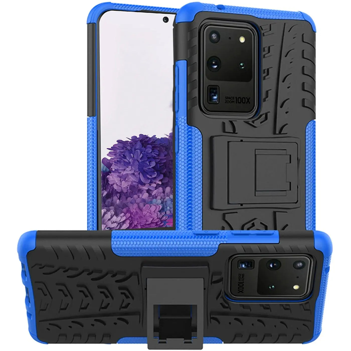 Blaue und schwarze Outdoor-Hülle mit Ständer für Samsung S20 Ultra, aus Kunststoff, aus zwei Perspektiven.