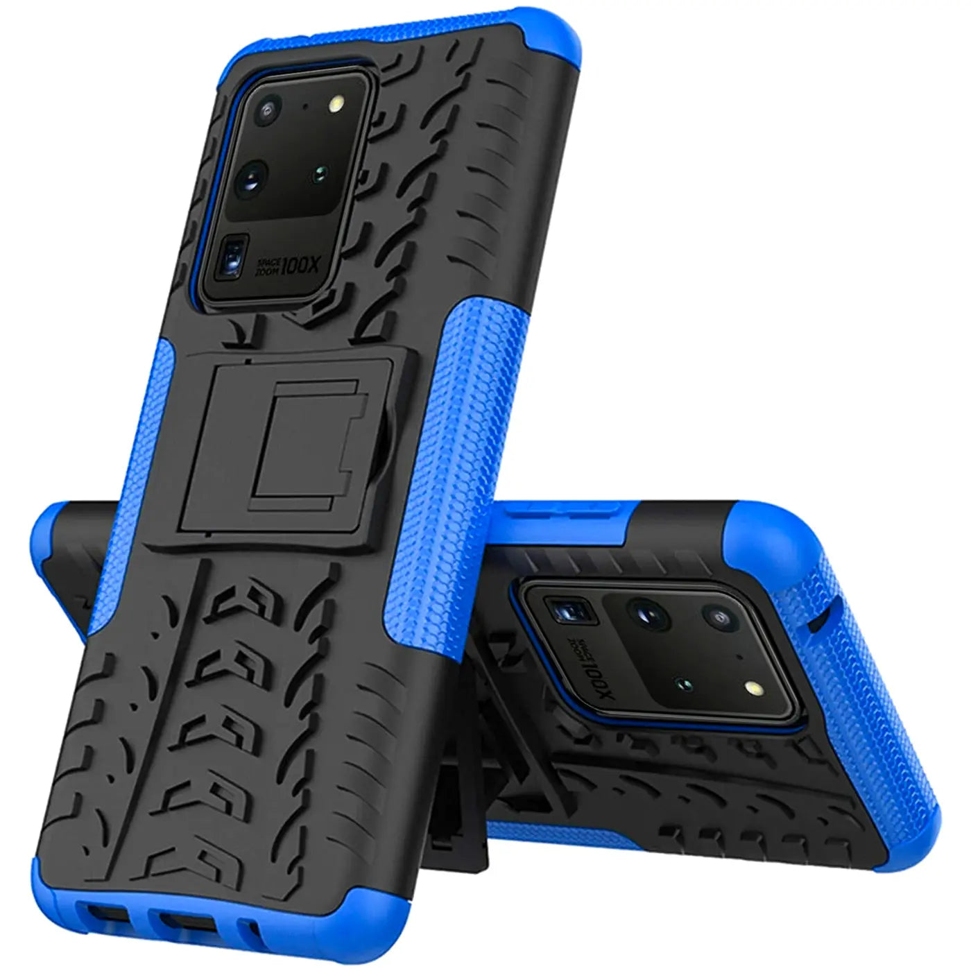 Zwei blaue und schwarze Handyhüllen aus Gummi/Kunststoff für Samsung S20 Ultra, Rückansicht.