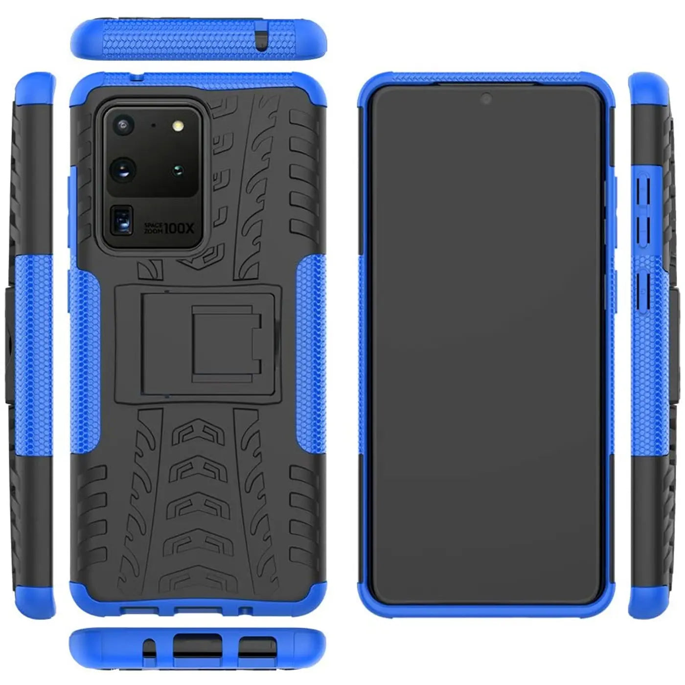 Blaue und schwarze Outdoor-Hülle aus Kunststoff für Samsung S20 Ultra, mit Ständer.