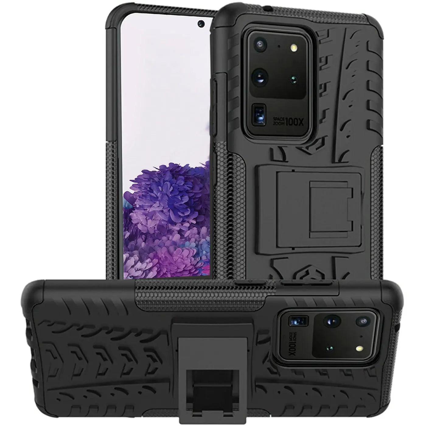Schwarze Outdoor-Hülle aus Gummi für Samsung S20 Ultra, 2-teilig, mit Ständer