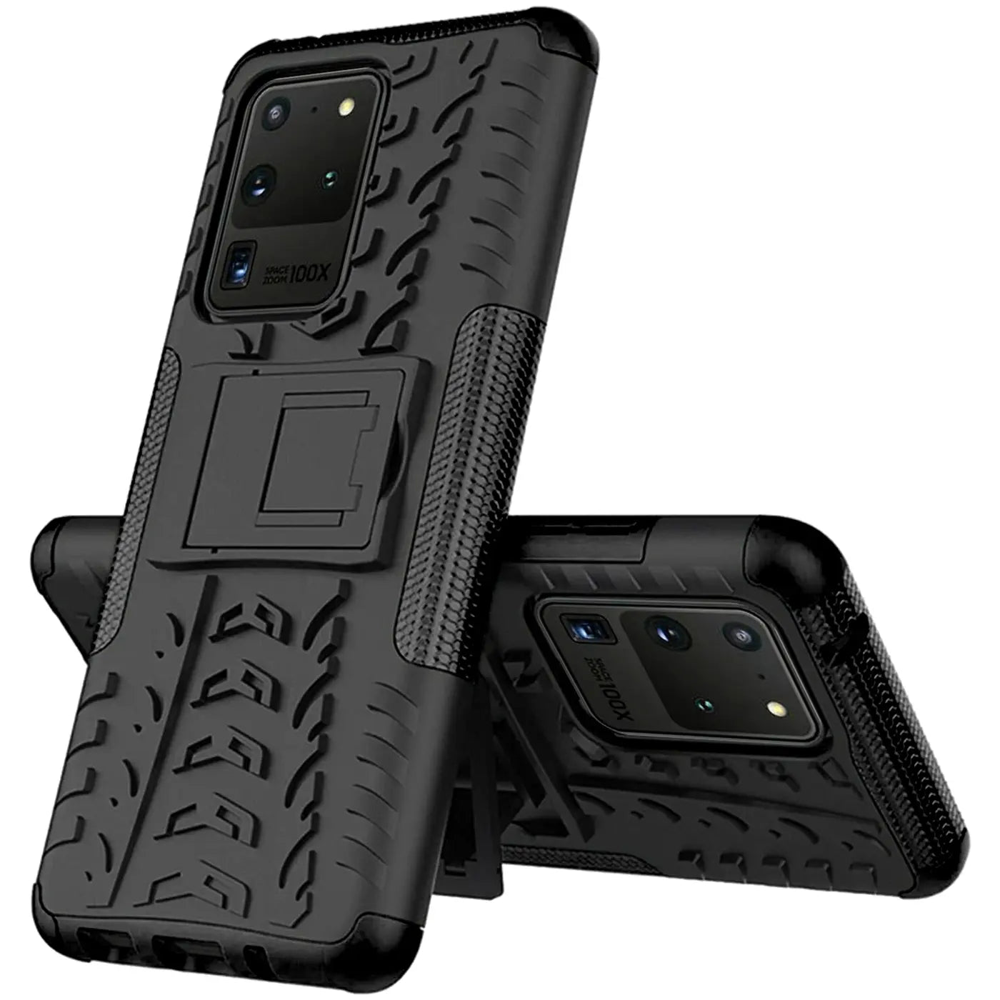 Schwarze Outdoor-Hülle aus Gummi für Samsung S20 Ultra, 2-teilig, mit Ständer, von vorne.