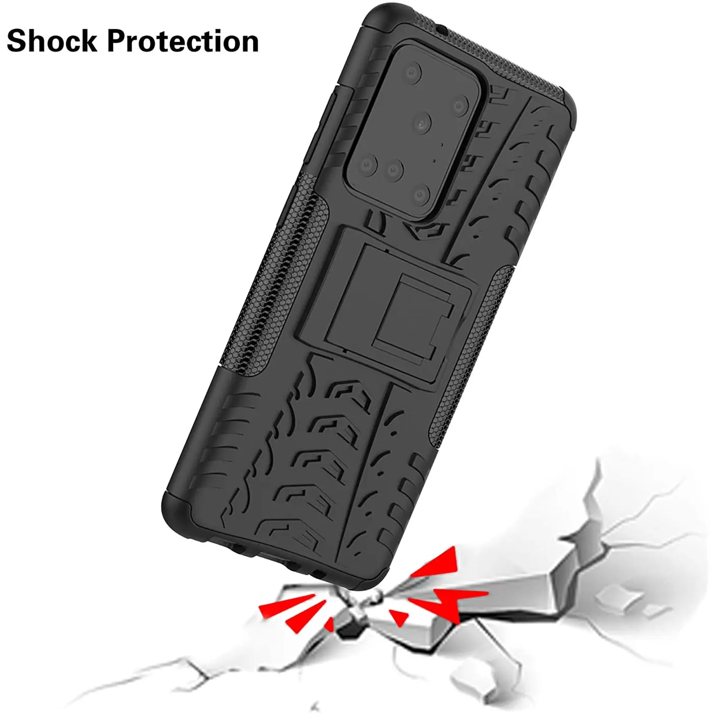Schwarze Outdoor-Hülle aus Gummi für Samsung S20 Ultra, von schräg oben, mit integriertem Ständer.