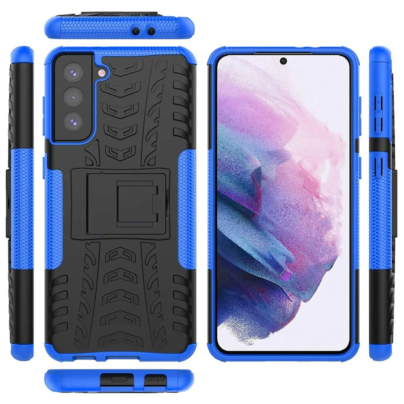 Blauer und schwarzer Stoßschutz-Case mit Ständer für Samsung S21 FE, verschiedene Ansichten