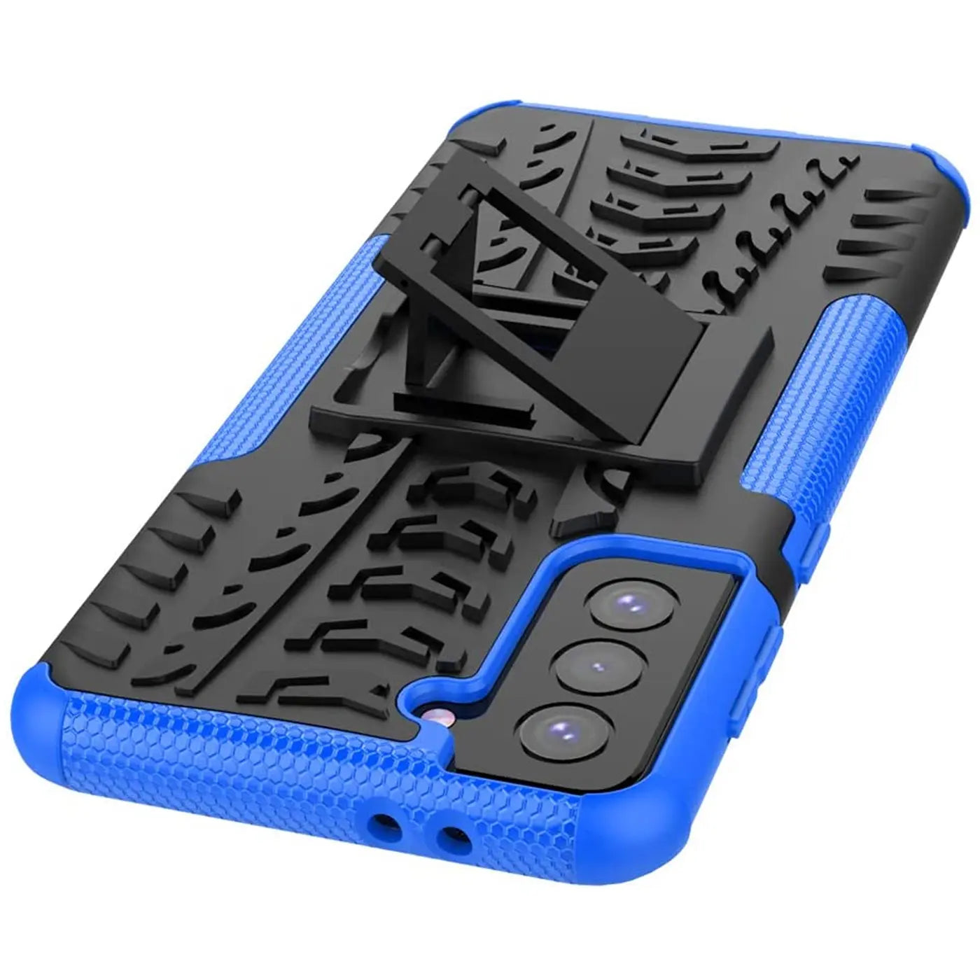 Blaue und schwarze Outdoor-Hülle mit Ständer für Samsung S21 Plus, von oben rechts gesehen.