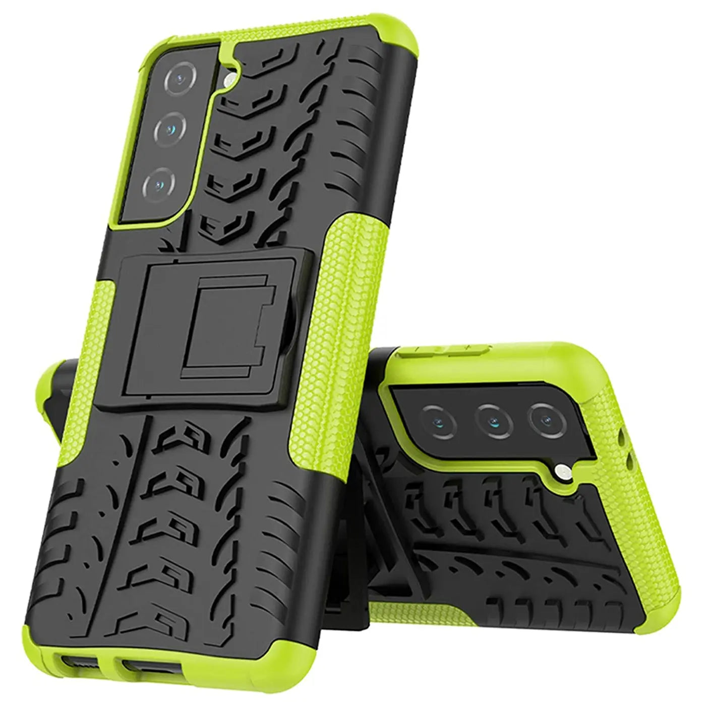 Zwei schwarze und neongrüne Handyhüllen mit Reifenprofil-Design, eine mit Ständer, für Samsung Galaxy S21 Plus.