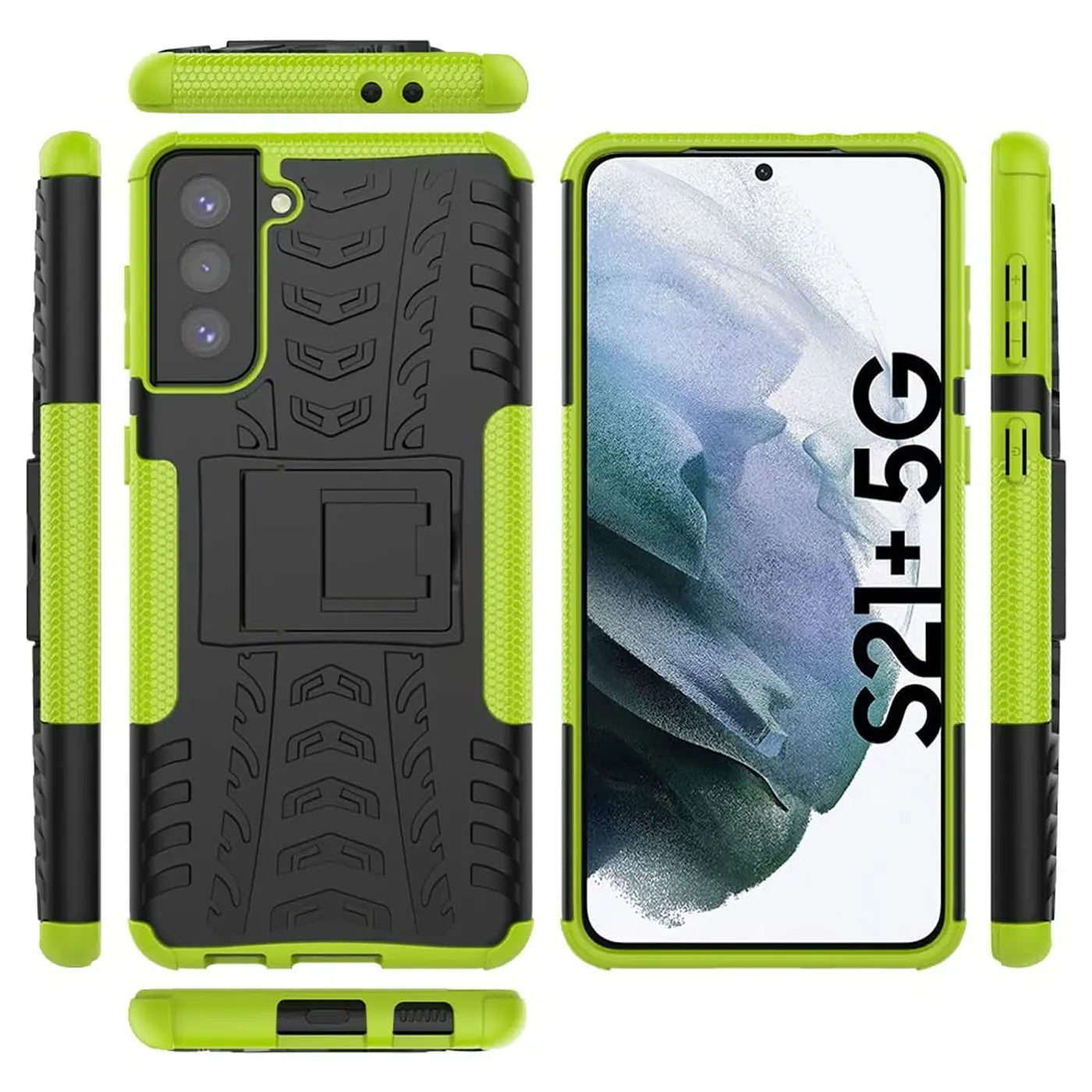 Grüne und schwarze Outdoor-Hülle aus Kunststoff für Samsung Galaxy S21 Plus, verschiedene Ansichten.